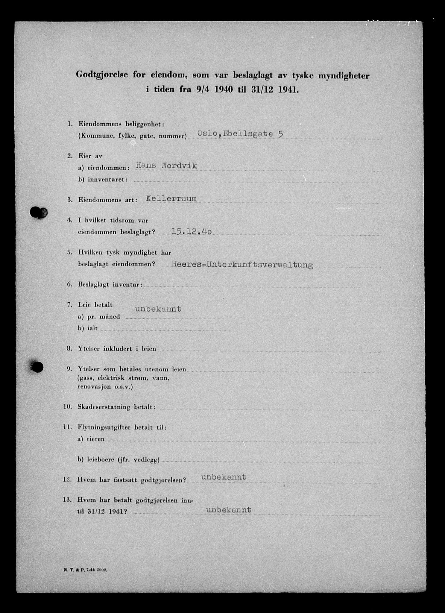 Justisdepartementet, Tilbakeføringskontoret for inndratte formuer, AV/RA-S-1564/I/L1011: Godtgjørelse for beslaglagt eiendom, 1940-1941, p. 302