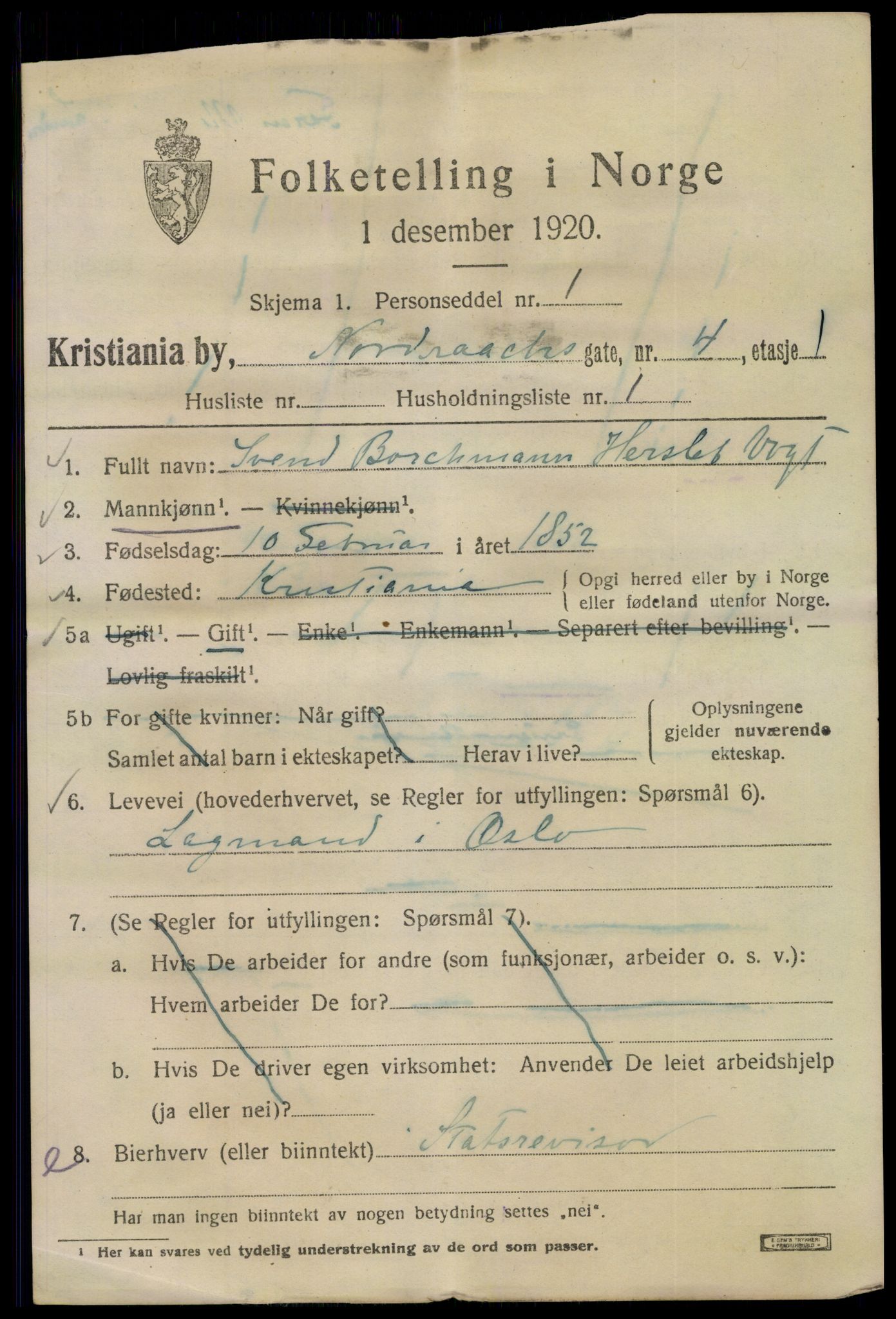 SAO, 1920 census for Kristiania, 1920, p. 424367