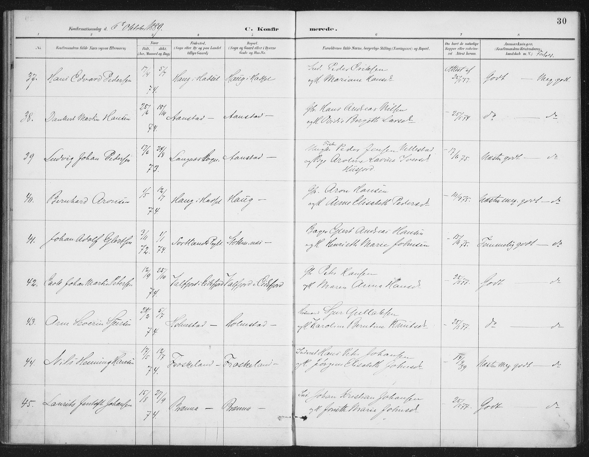 Ministerialprotokoller, klokkerbøker og fødselsregistre - Nordland, AV/SAT-A-1459/888/L1245: Parish register (official) no. 888A11, 1888-1900, p. 30