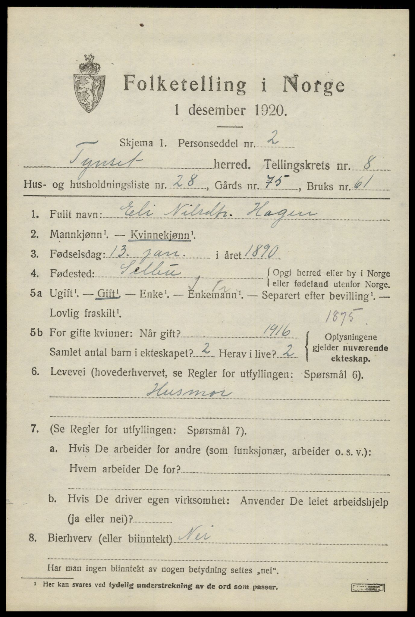 SAH, 1920 census for Tynset, 1920, p. 6896