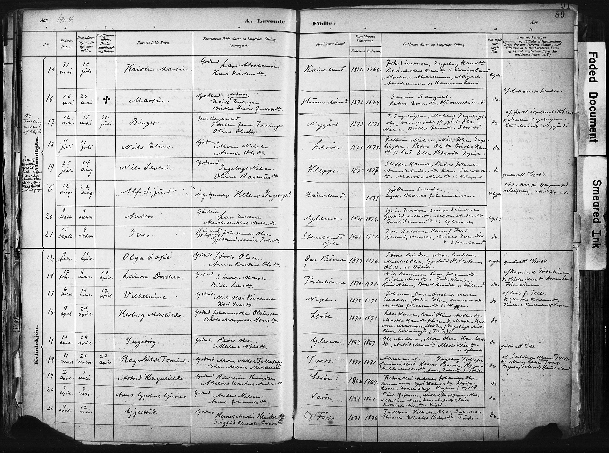 Sund sokneprestembete, AV/SAB-A-99930: Parish register (official) no. B 1, 1882-1907, p. 89