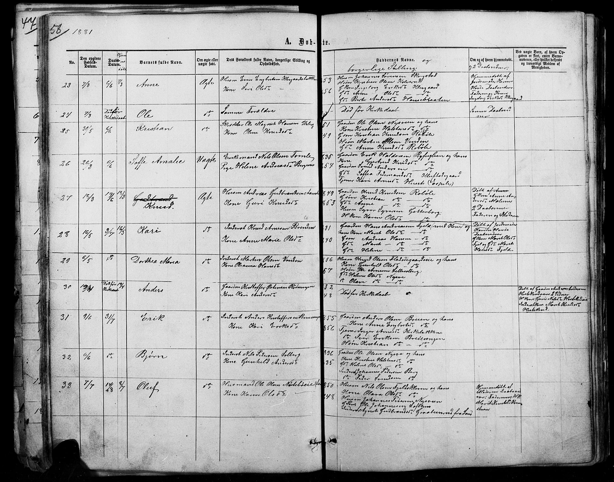 Sør-Aurdal prestekontor, AV/SAH-PREST-128/H/Ha/Hab/L0007: Parish register (copy) no. 7, 1866-1893, p. 58