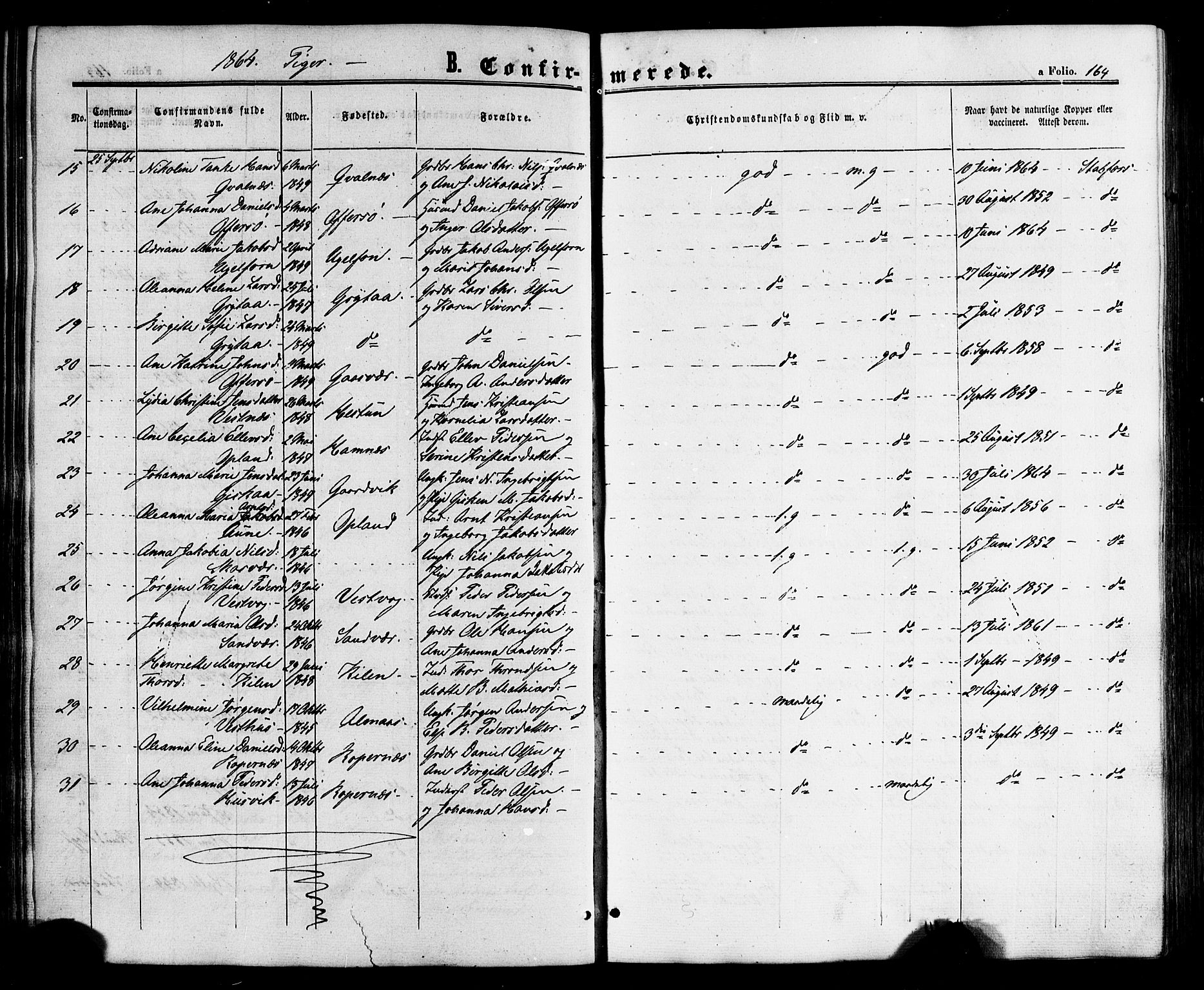 Ministerialprotokoller, klokkerbøker og fødselsregistre - Nordland, SAT/A-1459/817/L0262: Parish register (official) no. 817A03/ 1, 1862-1877, p. 164
