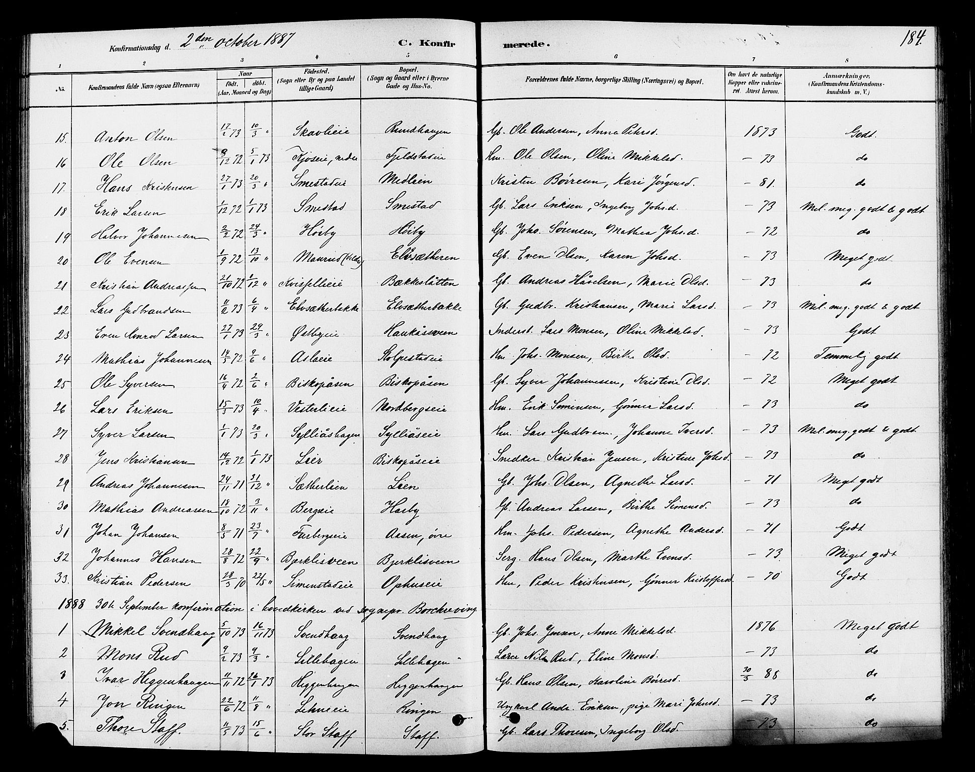 Ringsaker prestekontor, AV/SAH-PREST-014/L/La/L0009: Parish register (copy) no. 9, 1879-1890, p. 184