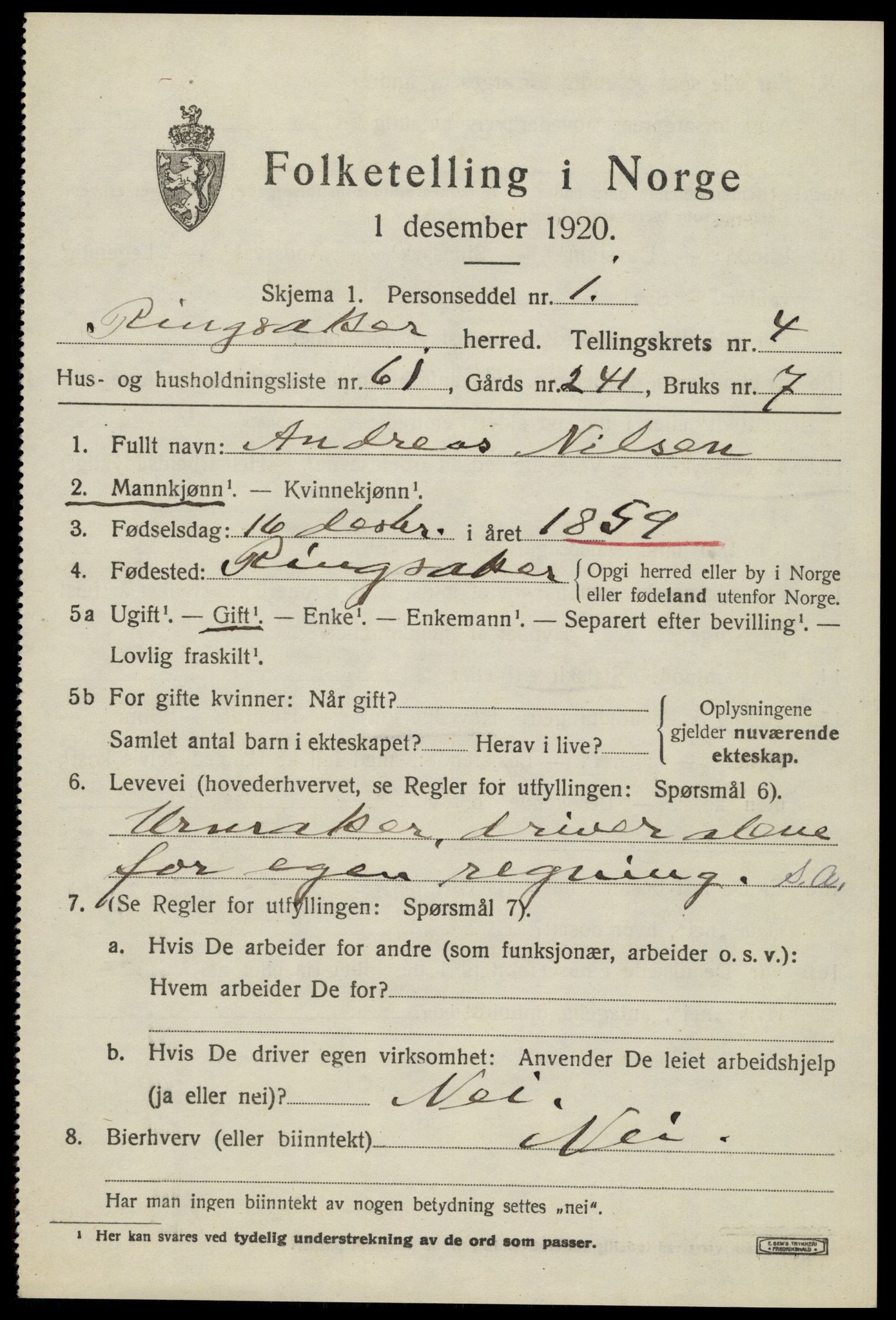 SAH, 1920 census for Ringsaker, 1920, p. 9344