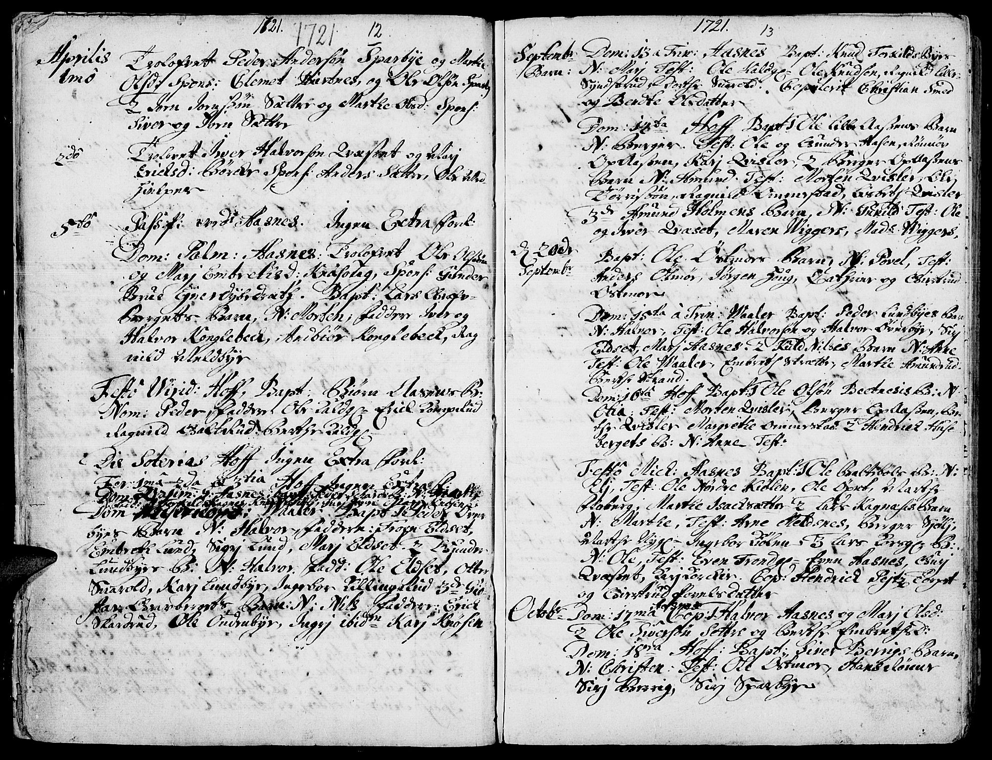 Hof prestekontor, AV/SAH-PREST-038/H/Ha/Haa/L0002: Parish register (official) no. 2, 1720-1749, p. 12-13