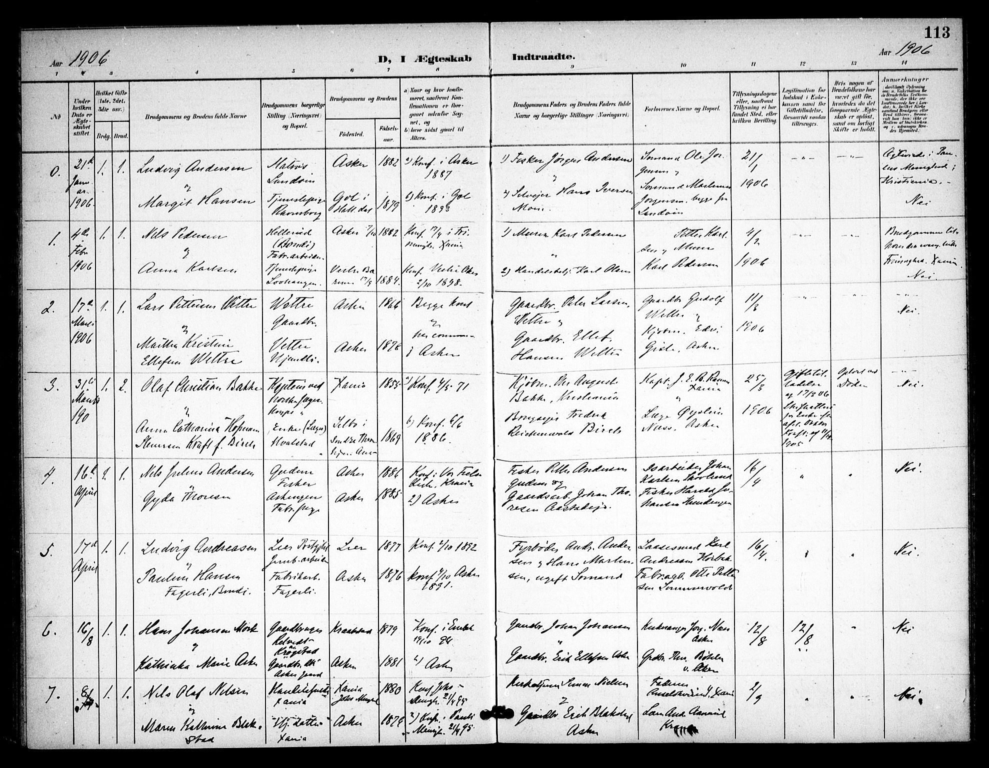 Asker prestekontor Kirkebøker, SAO/A-10256a/F/Fa/L0016: Parish register (official) no. I 16, 1900-1917, p. 113