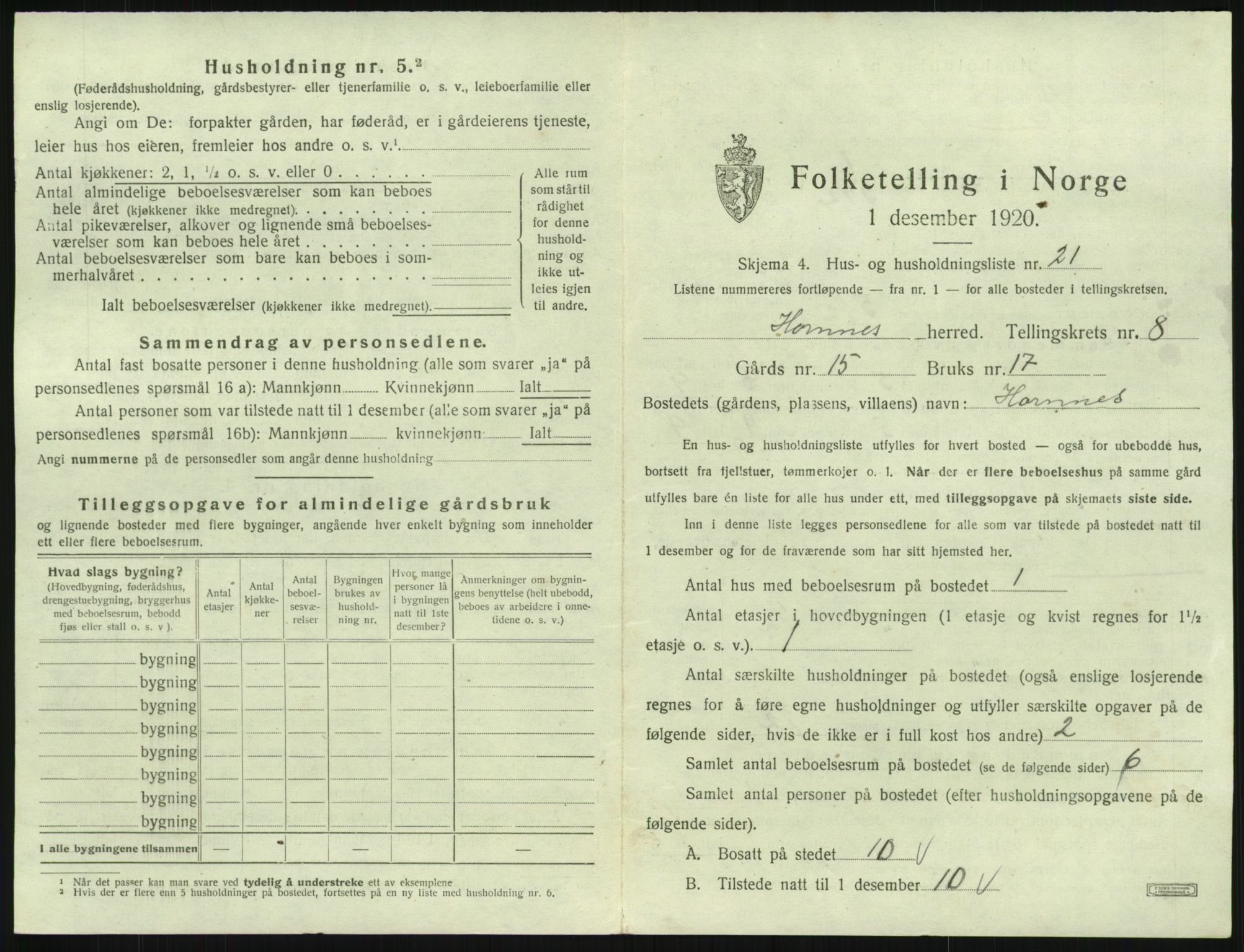 SAK, 1920 census for Hornnes, 1920, p. 335