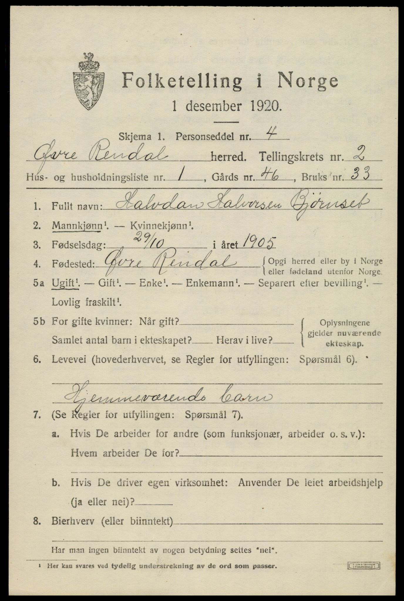 SAH, 1920 census for Øvre Rendal, 1920, p. 937