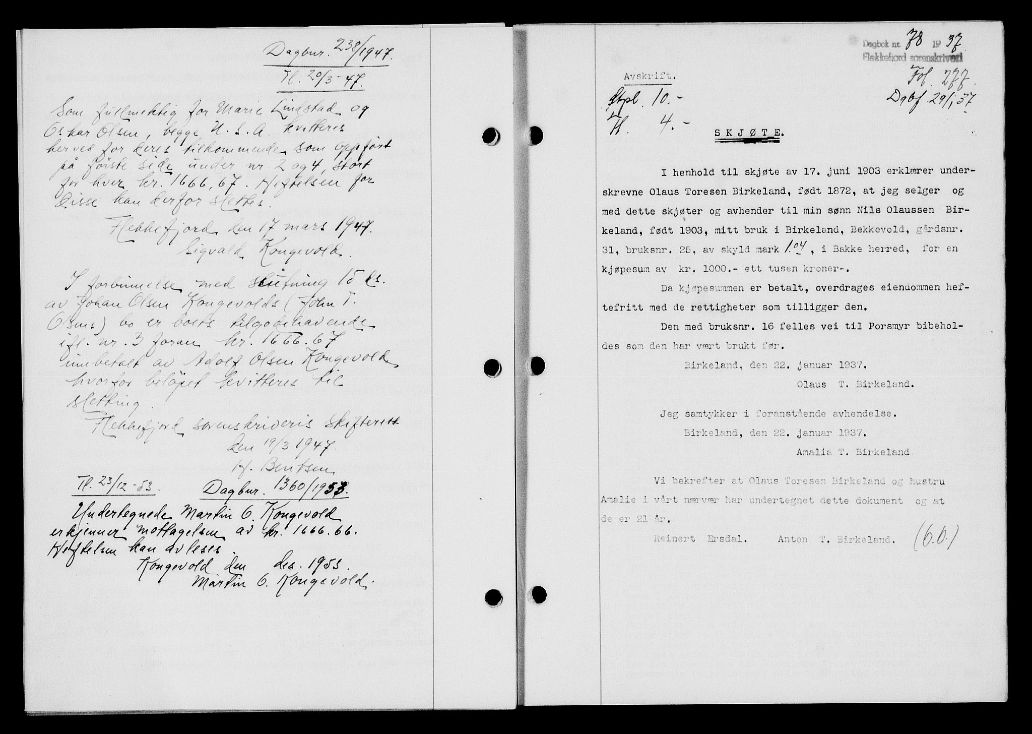Flekkefjord sorenskriveri, SAK/1221-0001/G/Gb/Gba/L0053: Mortgage book no. A-1, 1936-1937, Diary no: : 78/1937