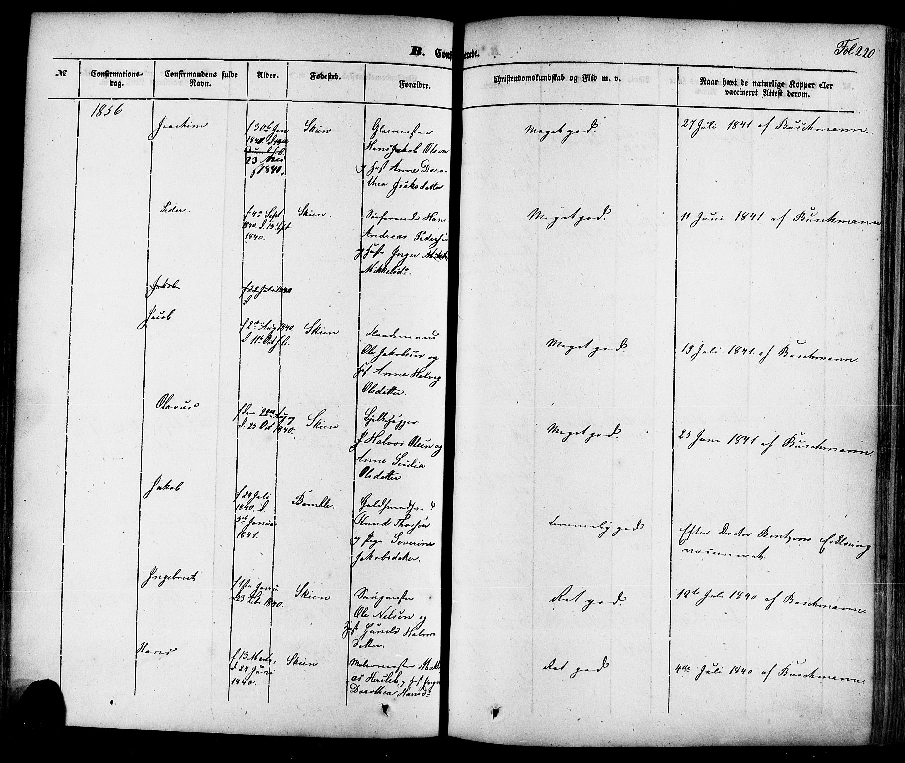 Skien kirkebøker, SAKO/A-302/F/Fa/L0006a: Parish register (official) no. 6A, 1843-1856, p. 220