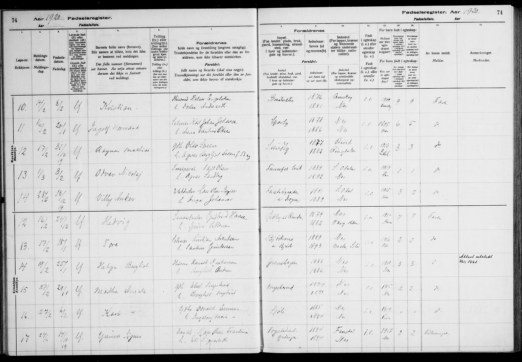 Nes prestekontor Kirkebøker, AV/SAO-A-10410/J/Ja/L0001: Birth register no. 1, 1916-1926, p. 74