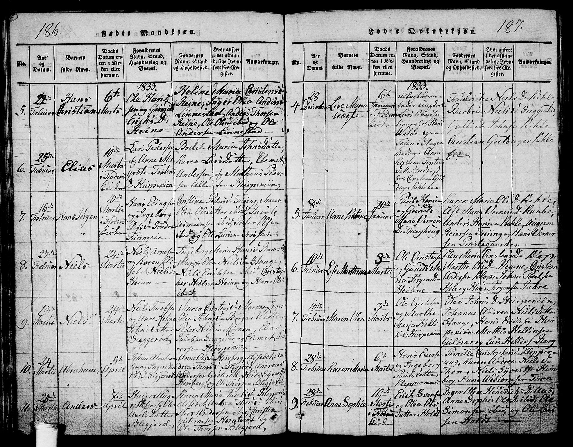 Ramnes kirkebøker, AV/SAKO-A-314/G/Ga/L0001: Parish register (copy) no. I 1, 1813-1847, p. 186-187