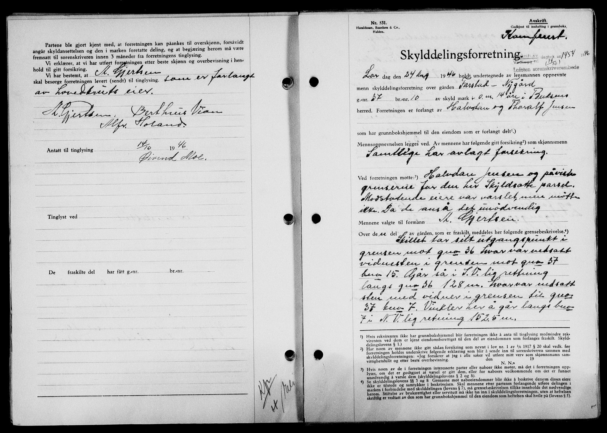 Lofoten sorenskriveri, SAT/A-0017/1/2/2C/L0014a: Mortgage book no. 14a, 1946-1946, Diary no: : 1454/1946