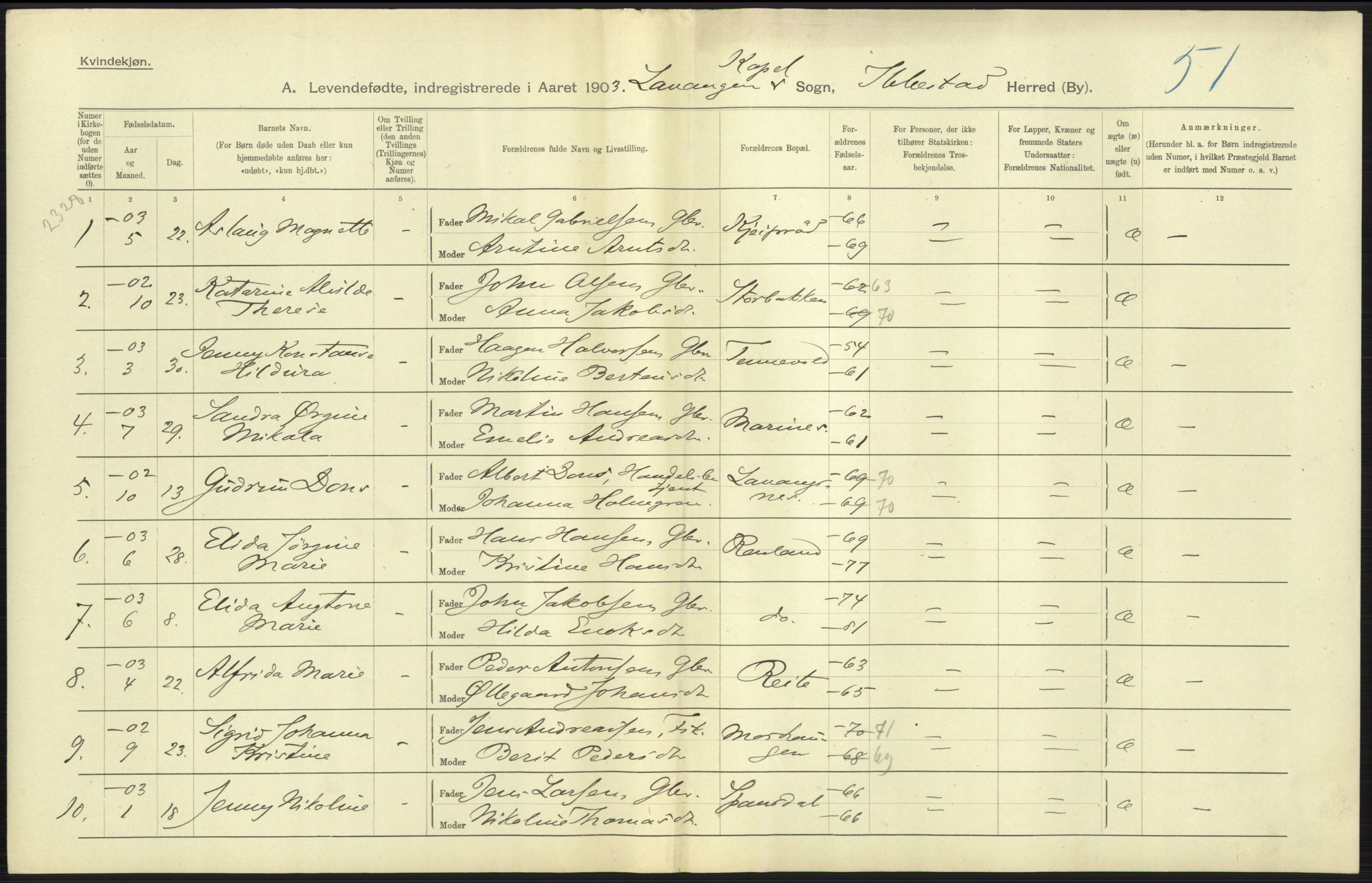 Statistisk sentralbyrå, Sosiodemografiske emner, Befolkning, AV/RA-S-2228/D/Df/Dfa/Dfaa/L0021: Tromsø amt: Fødte, gifte, døde., 1903, p. 31