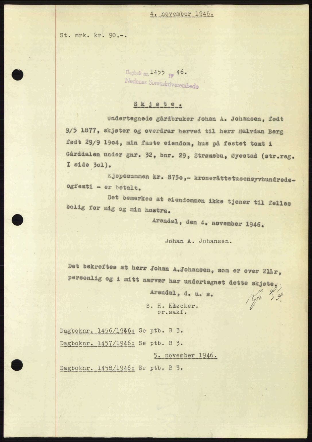 Nedenes sorenskriveri, AV/SAK-1221-0006/G/Gb/Gba/L0056: Mortgage book no. A8, 1946-1947, Diary no: : 1455/1946