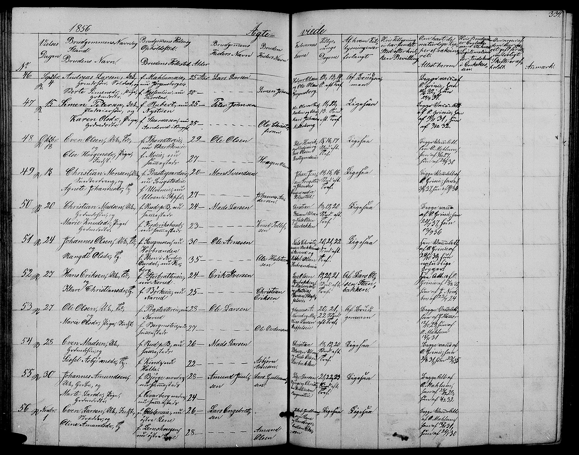 Ringsaker prestekontor, SAH/PREST-014/L/La/L0006: Parish register (copy) no. 6, 1851-1860, p. 334