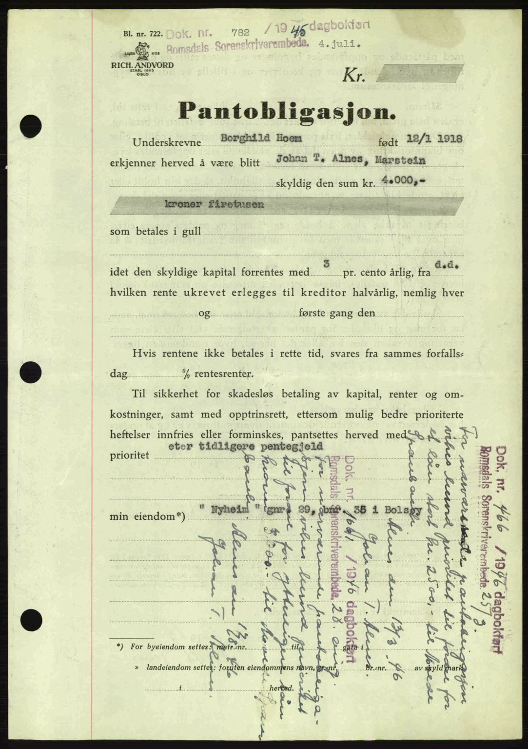 Romsdal sorenskriveri, AV/SAT-A-4149/1/2/2C: Mortgage book no. B2, 1939-1945, Diary no: : 782/1945