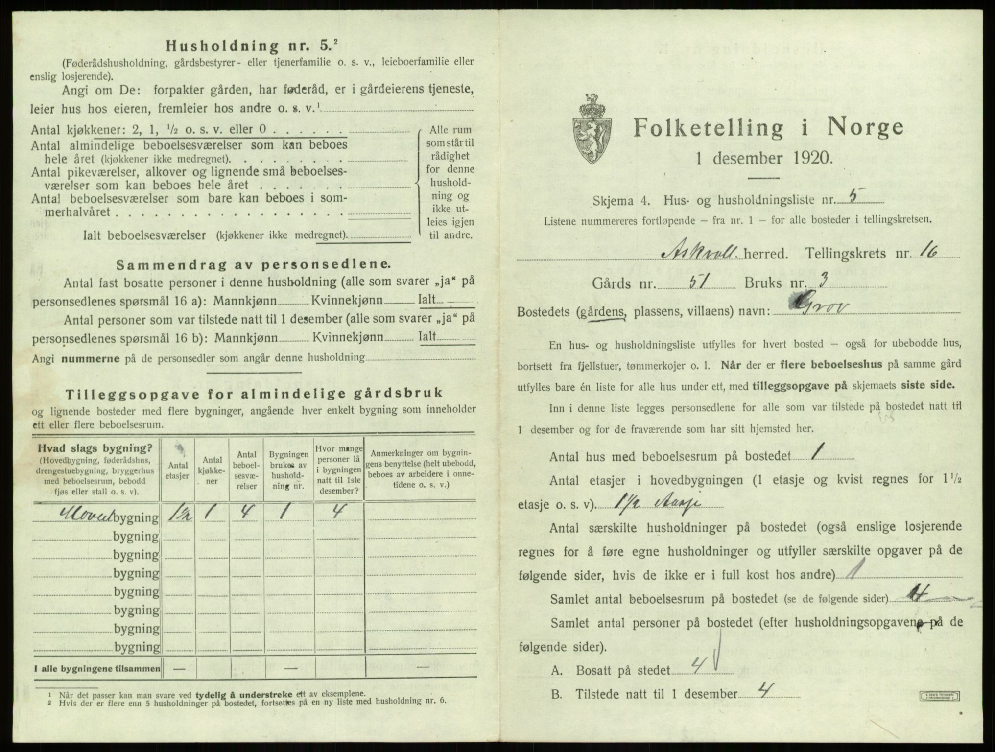 SAB, 1920 census for Askvoll, 1920, p. 843