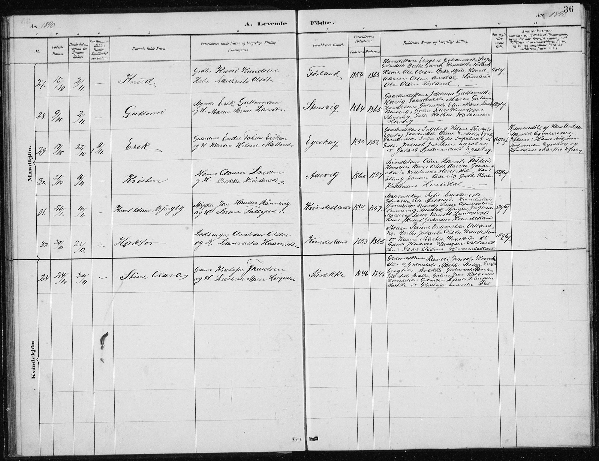 Tysvær sokneprestkontor, SAST/A -101864/H/Ha/Hab/L0004: Parish register (copy) no. B 4, 1883-1896, p. 36