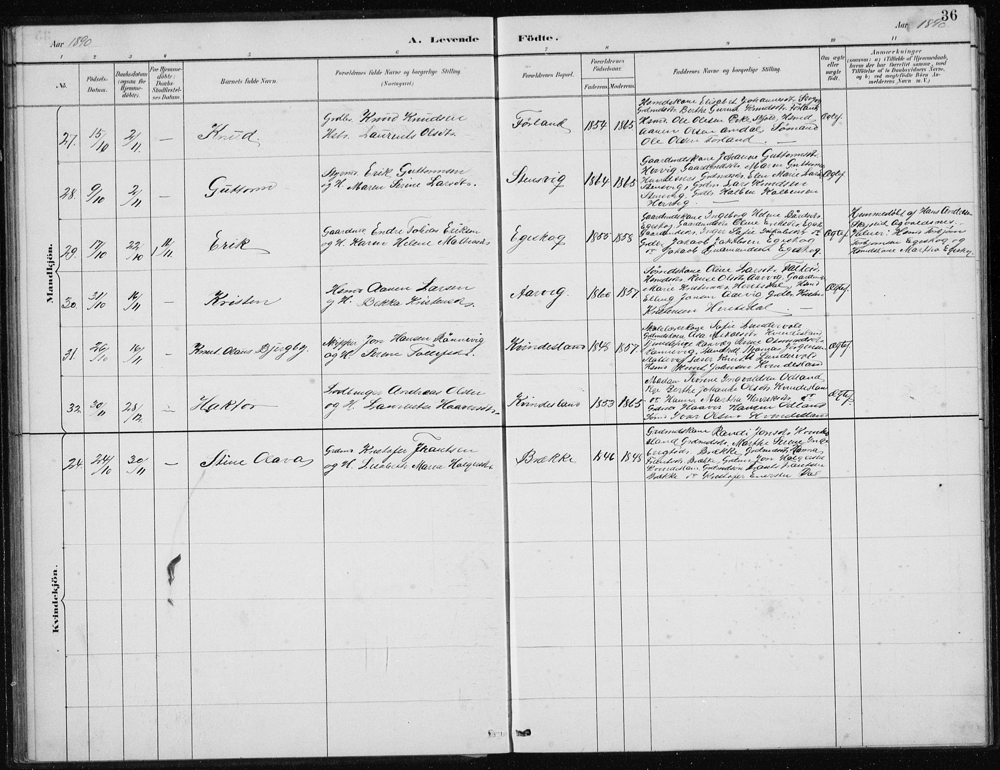 Tysvær sokneprestkontor, AV/SAST-A -101864/H/Ha/Hab/L0004: Parish register (copy) no. B 4, 1883-1896, p. 36