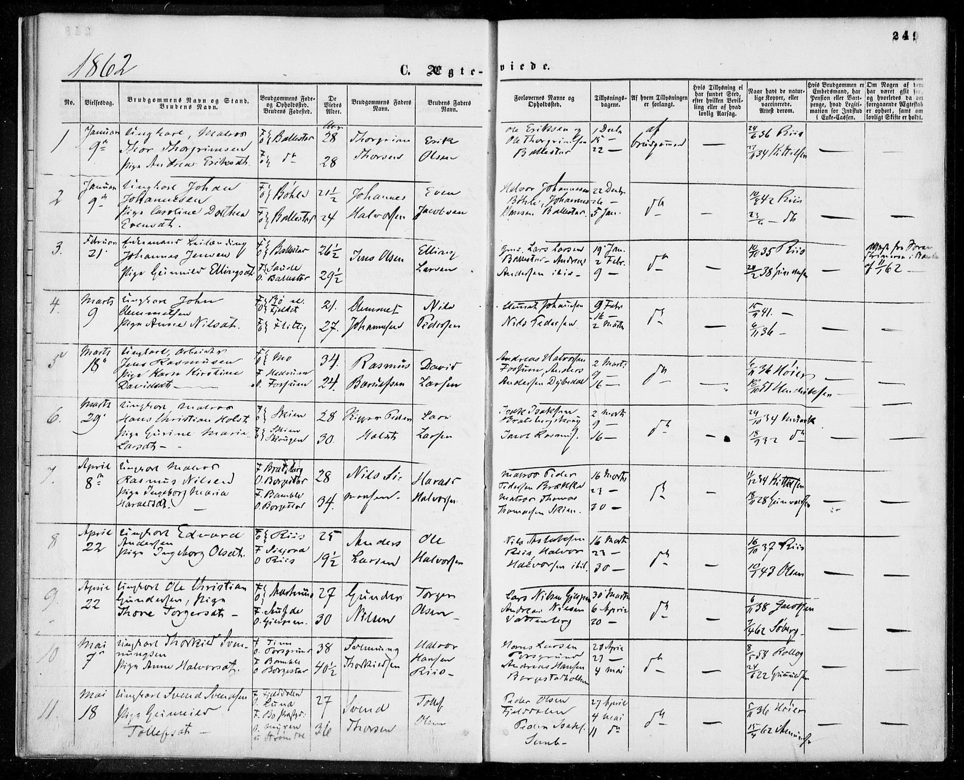 Gjerpen kirkebøker, SAKO/A-265/F/Fa/L0008b: Parish register (official) no. I 8B, 1857-1871, p. 249