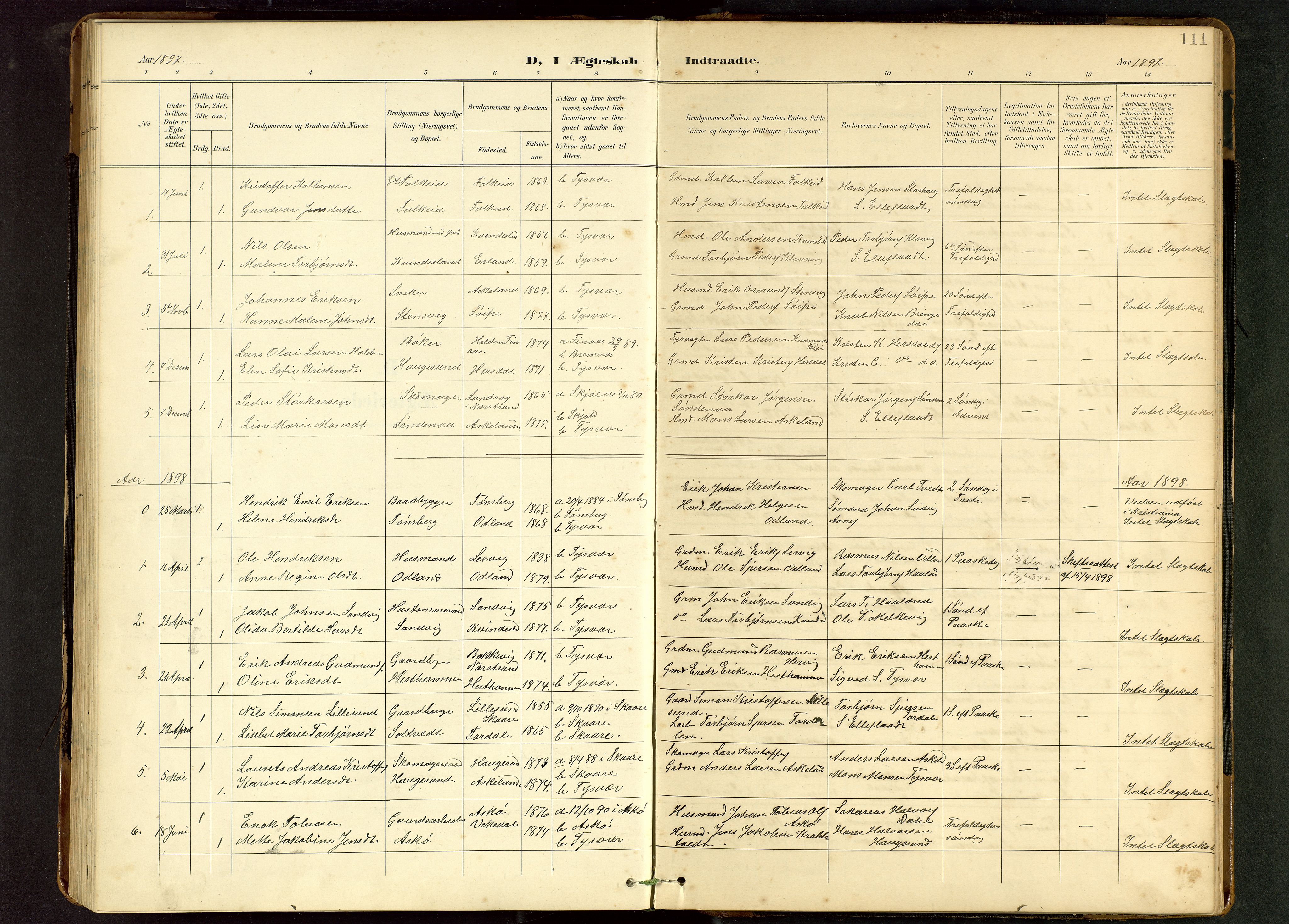 Tysvær sokneprestkontor, AV/SAST-A -101864/H/Ha/Hab/L0010: Parish register (copy) no. B 10, 1897-1912, p. 111