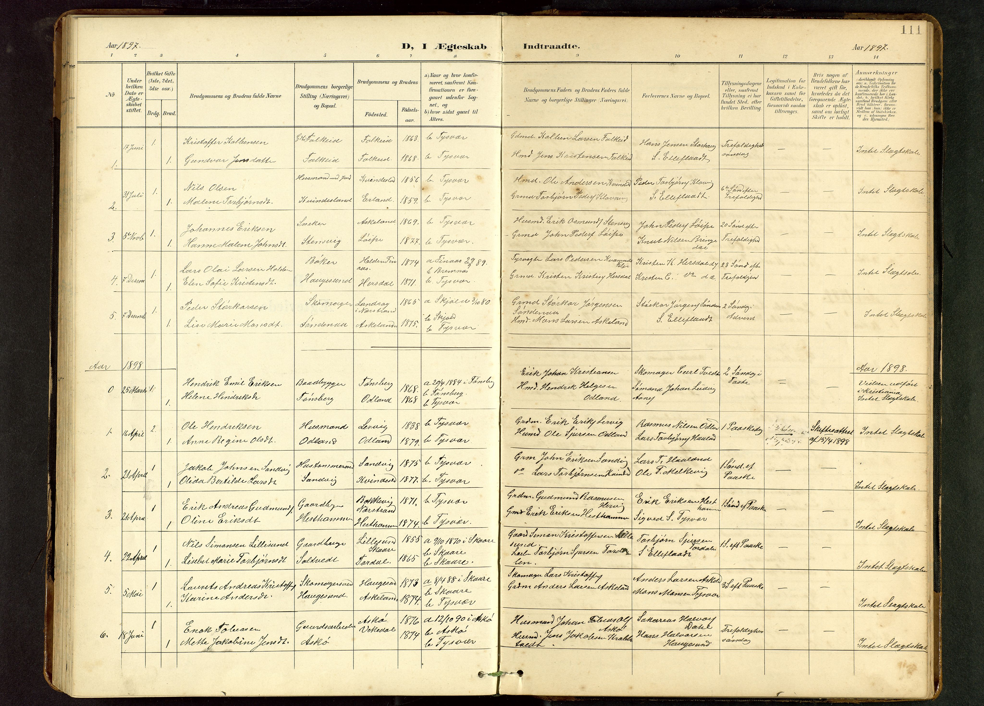 Tysvær sokneprestkontor, SAST/A -101864/H/Ha/Hab/L0010: Parish register (copy) no. B 10, 1897-1912, p. 111