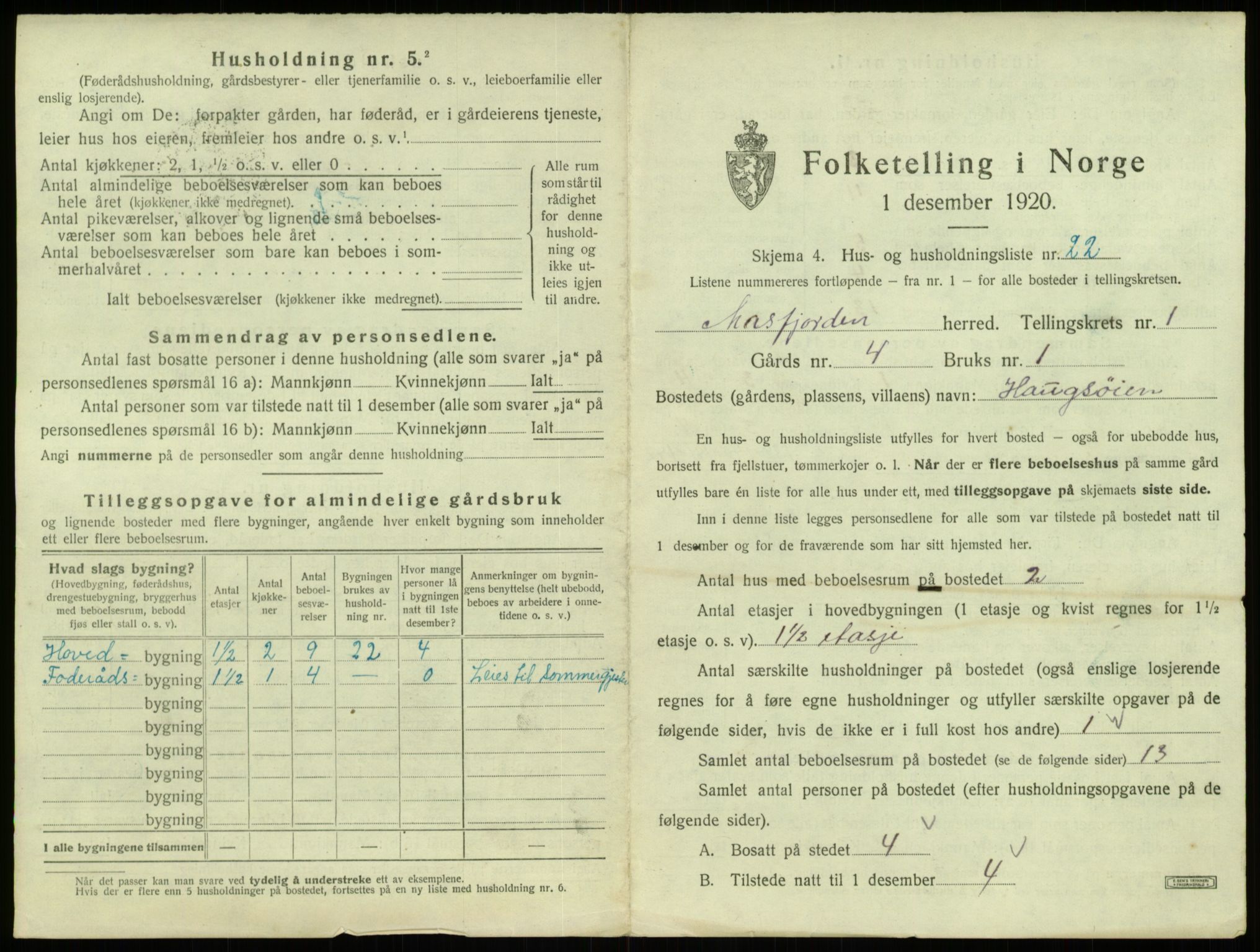 SAB, 1920 census for Masfjorden, 1920, p. 94