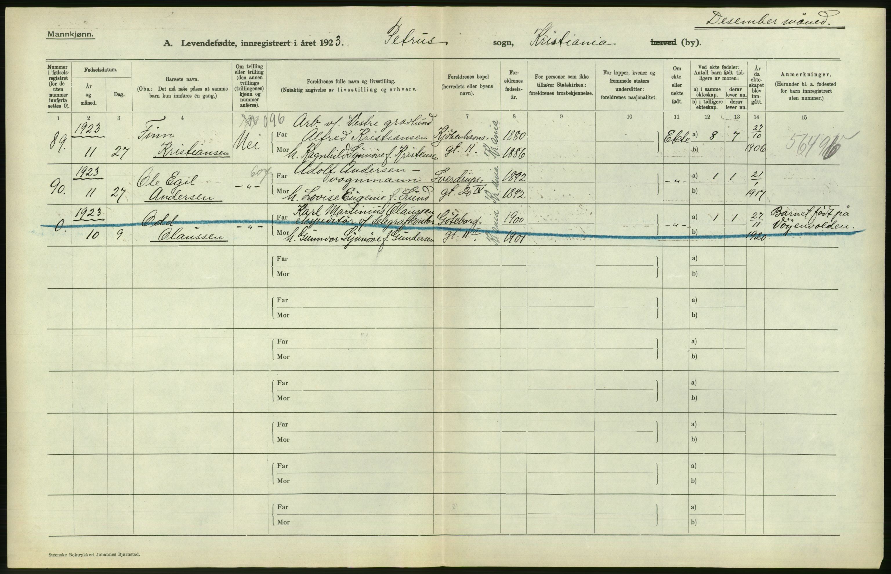 Statistisk sentralbyrå, Sosiodemografiske emner, Befolkning, RA/S-2228/D/Df/Dfc/Dfcc/L0006: Kristiania: Levendefødte menn og kvinner., 1923, p. 278