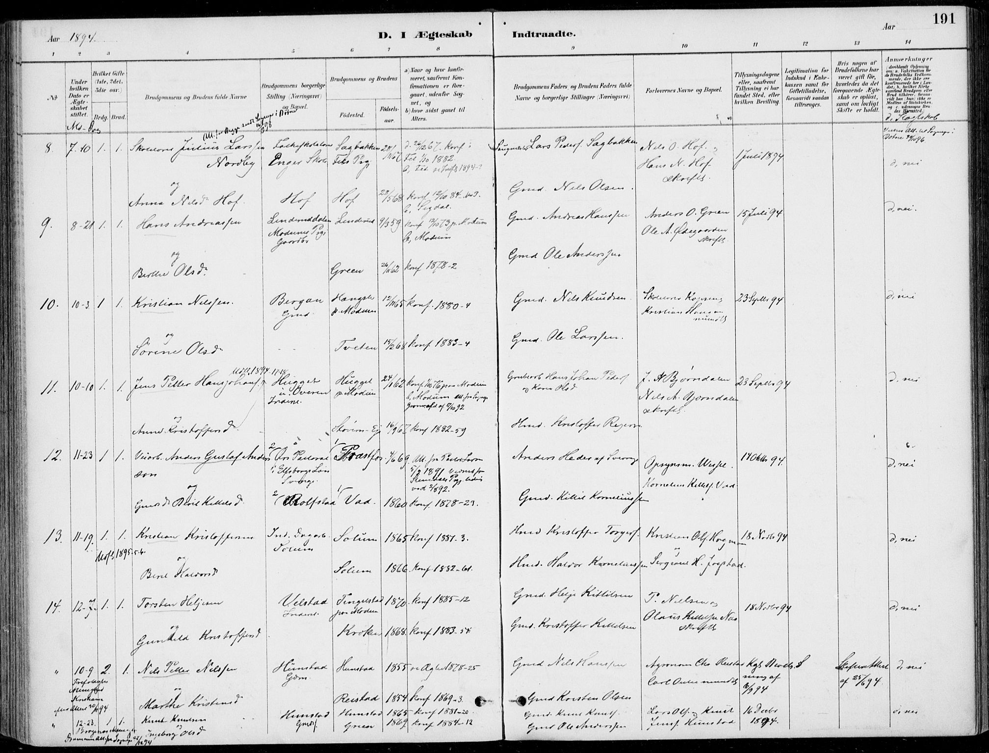 Sigdal kirkebøker, AV/SAKO-A-245/F/Fb/L0001: Parish register (official) no. II 1, 1888-1900, p. 191