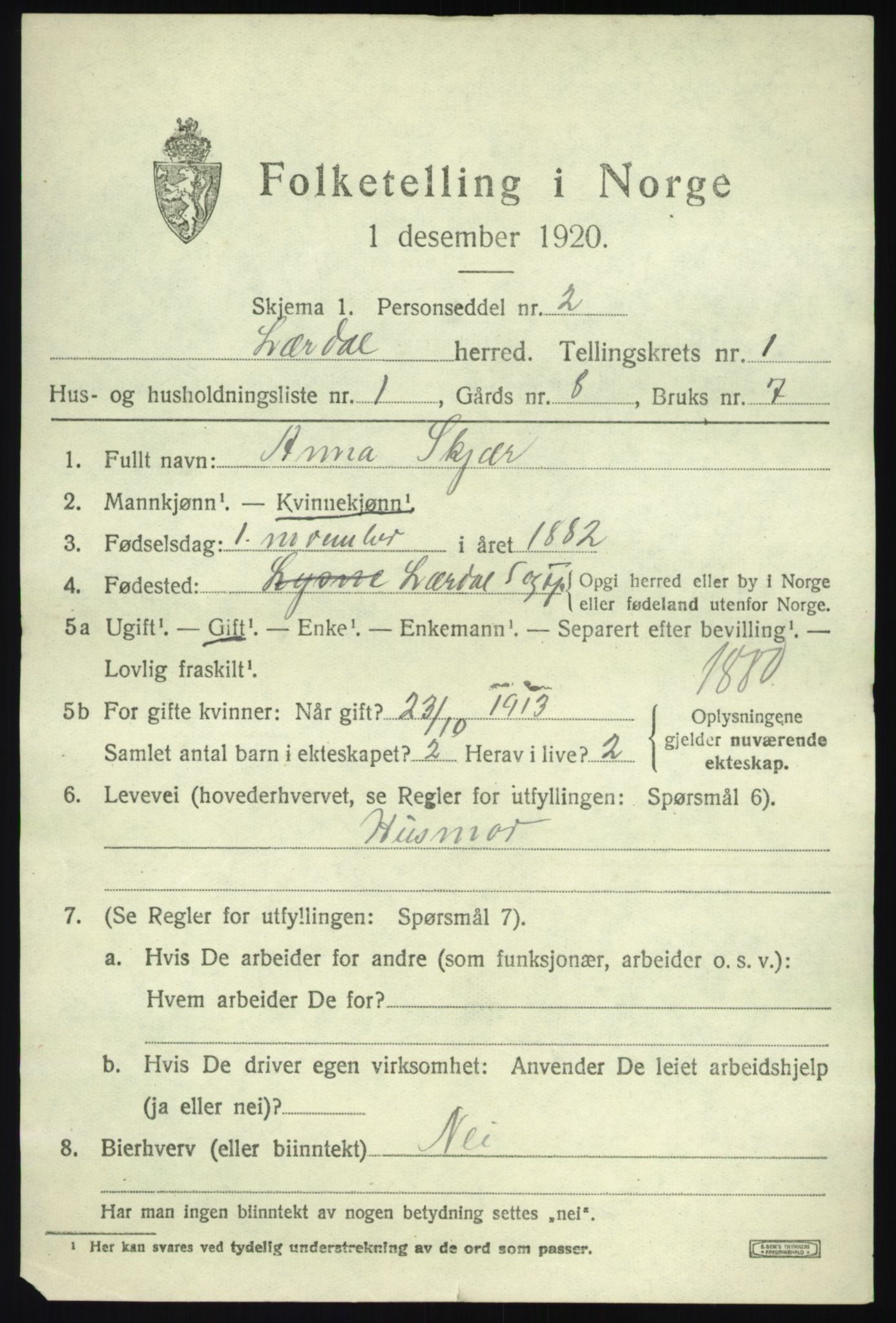 SAB, 1920 census for Lærdal, 1920, p. 802