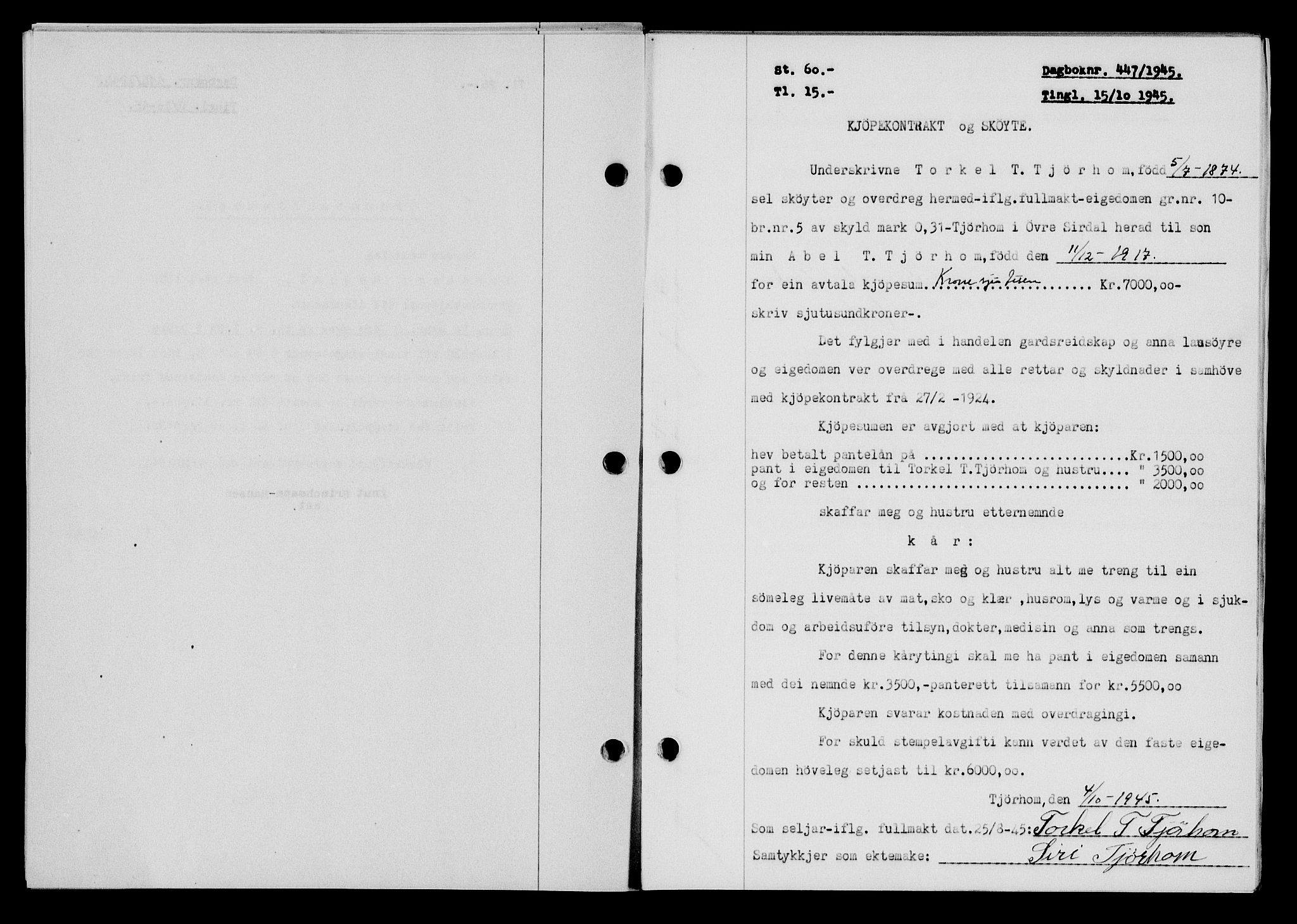 Flekkefjord sorenskriveri, SAK/1221-0001/G/Gb/Gba/L0060: Mortgage book no. A-8, 1945-1946, Diary no: : 447/1945