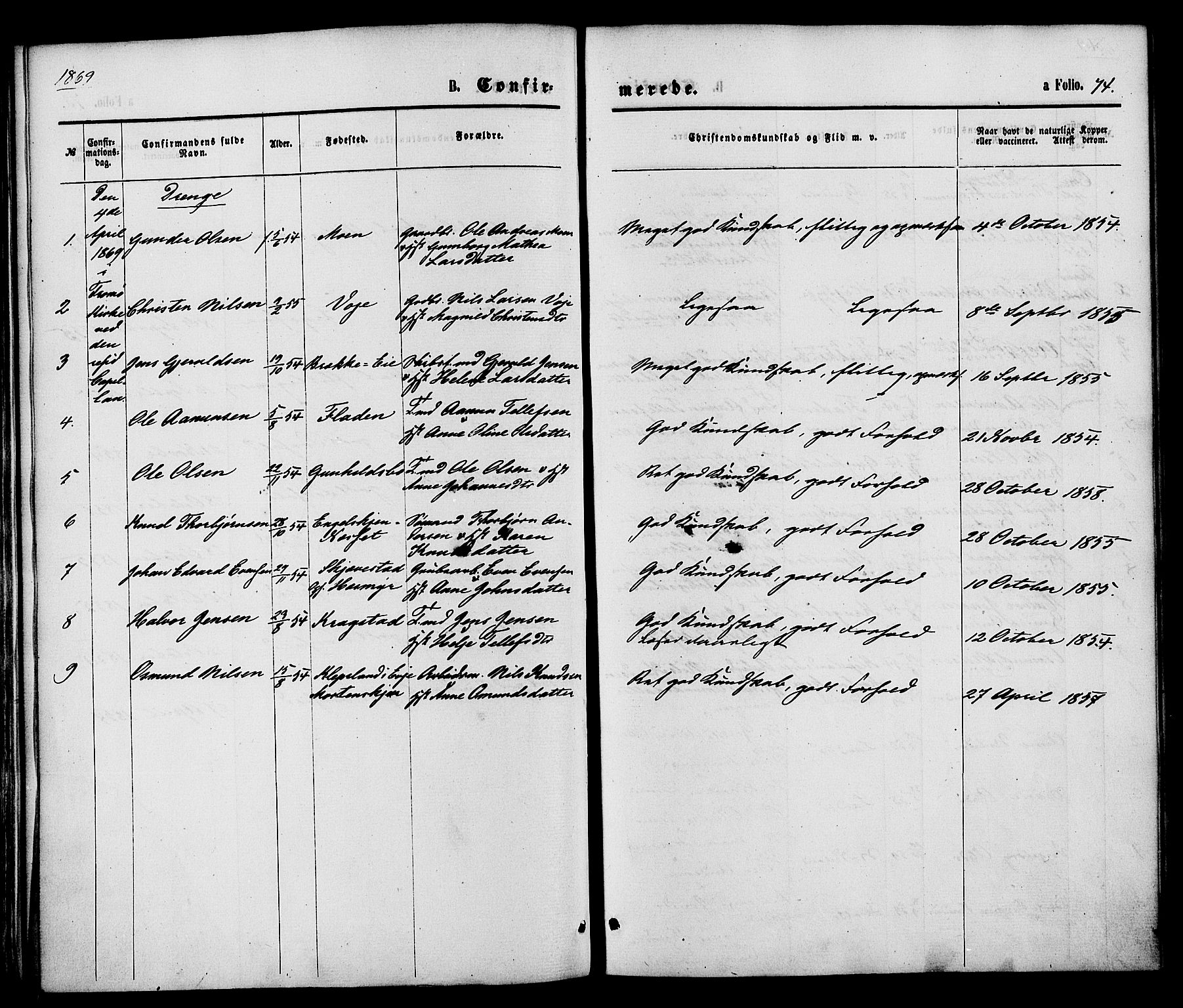 Austre Moland sokneprestkontor, AV/SAK-1111-0001/F/Fa/Faa/L0009: Parish register (official) no. A 9, 1869-1879, p. 74
