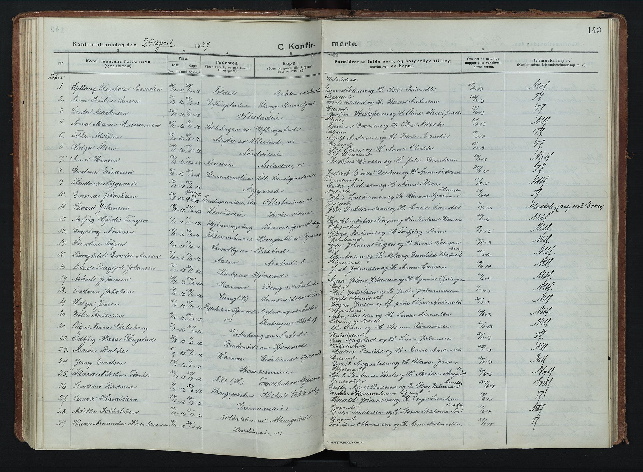 Stange prestekontor, AV/SAH-PREST-002/K/L0028: Parish register (official) no. 28, 1913-1932, p. 143