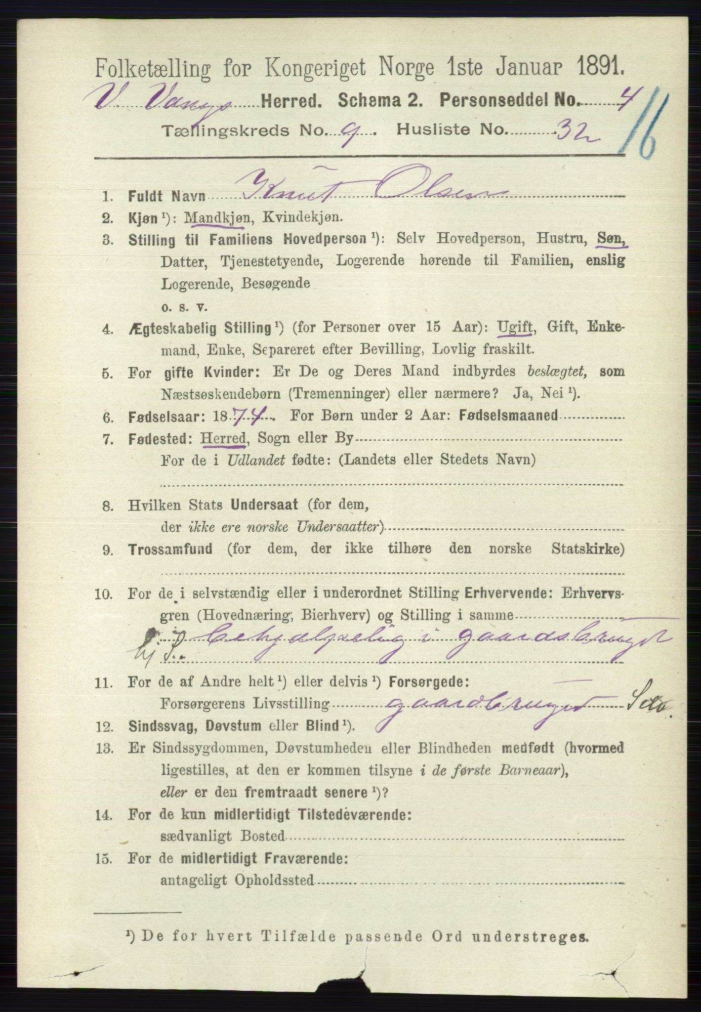 RA, 1891 census for 0545 Vang, 1891, p. 2139