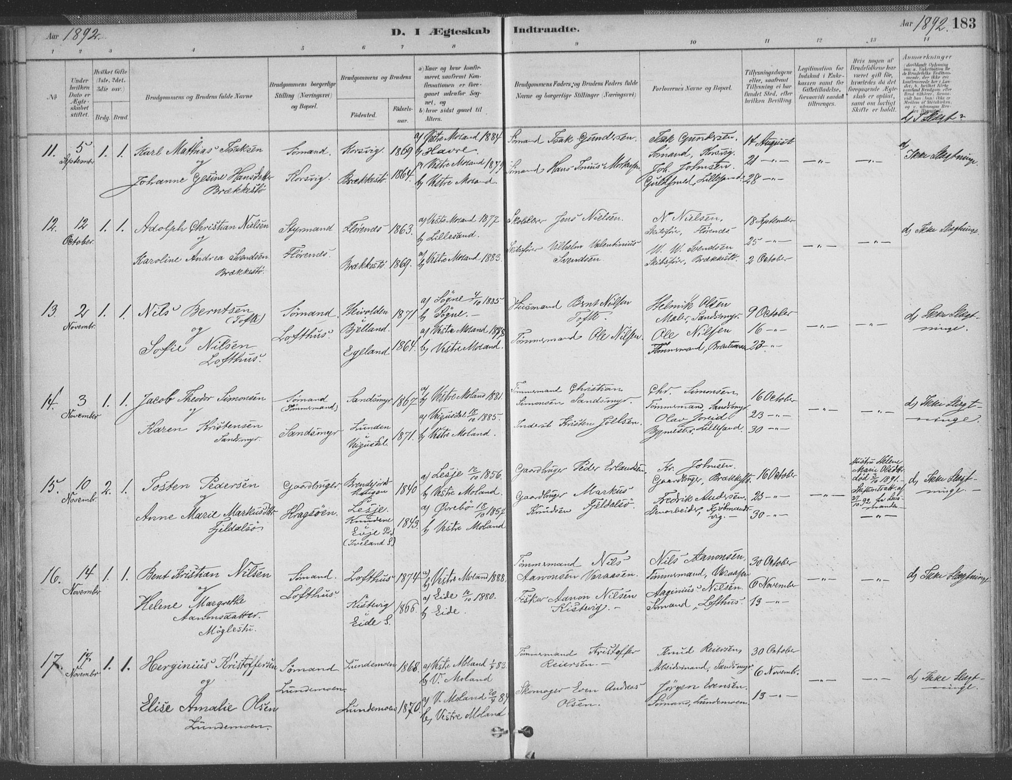 Vestre Moland sokneprestkontor, AV/SAK-1111-0046/F/Fa/Fab/L0009: Parish register (official) no. A 9, 1884-1899, p. 183