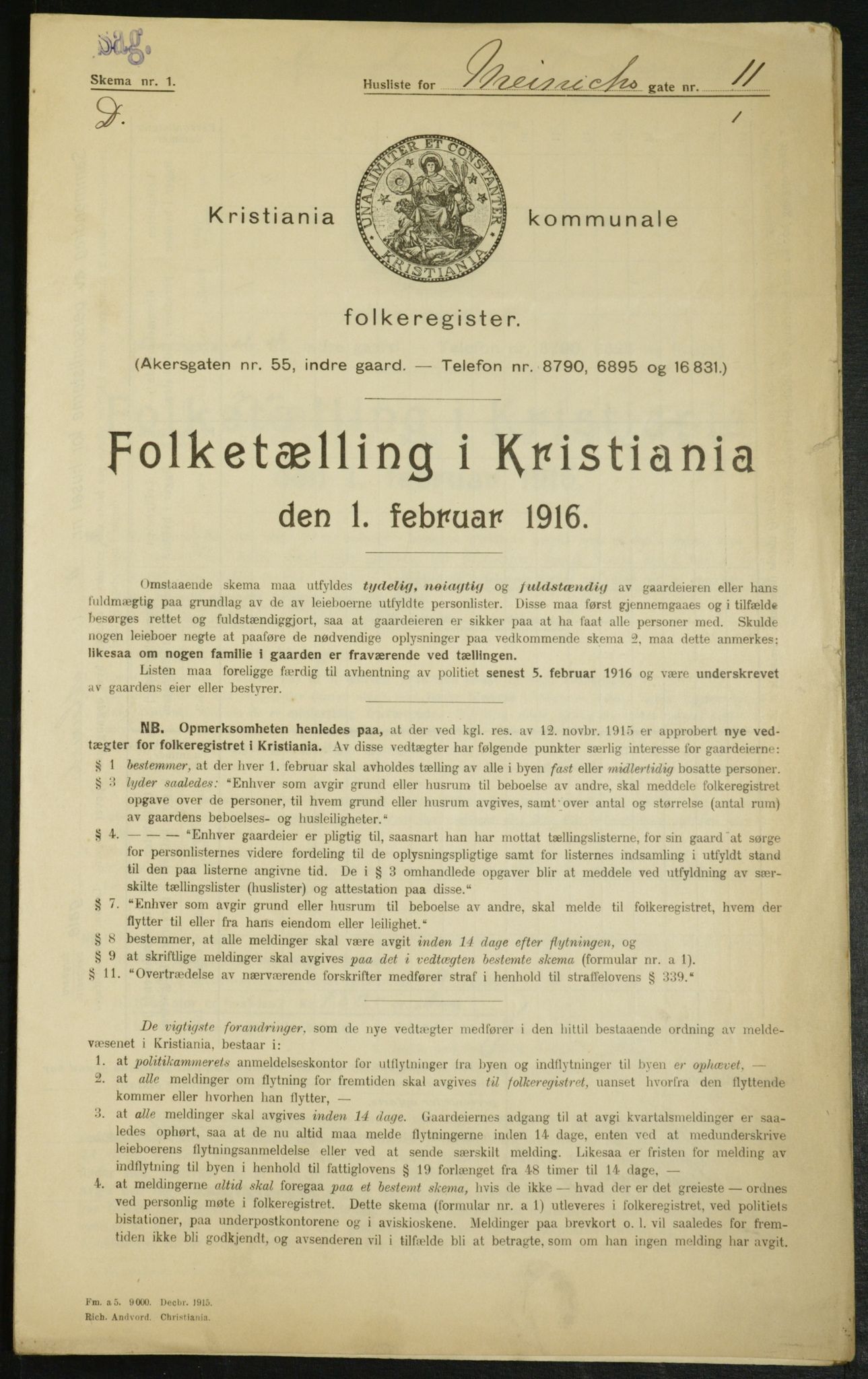 OBA, Municipal Census 1916 for Kristiania, 1916, p. 1169