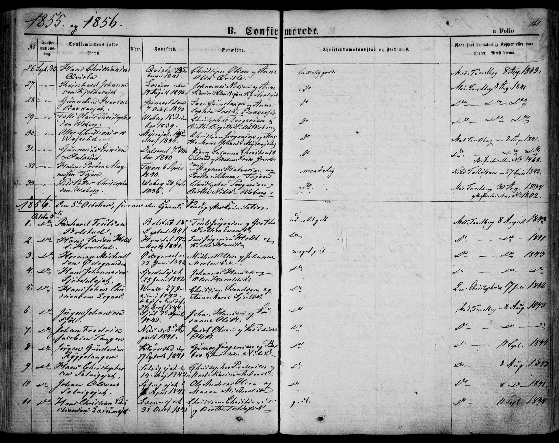 Sande Kirkebøker, AV/SAKO-A-53/F/Fa/L0004: Parish register (official) no. 4, 1847-1864, p. 161