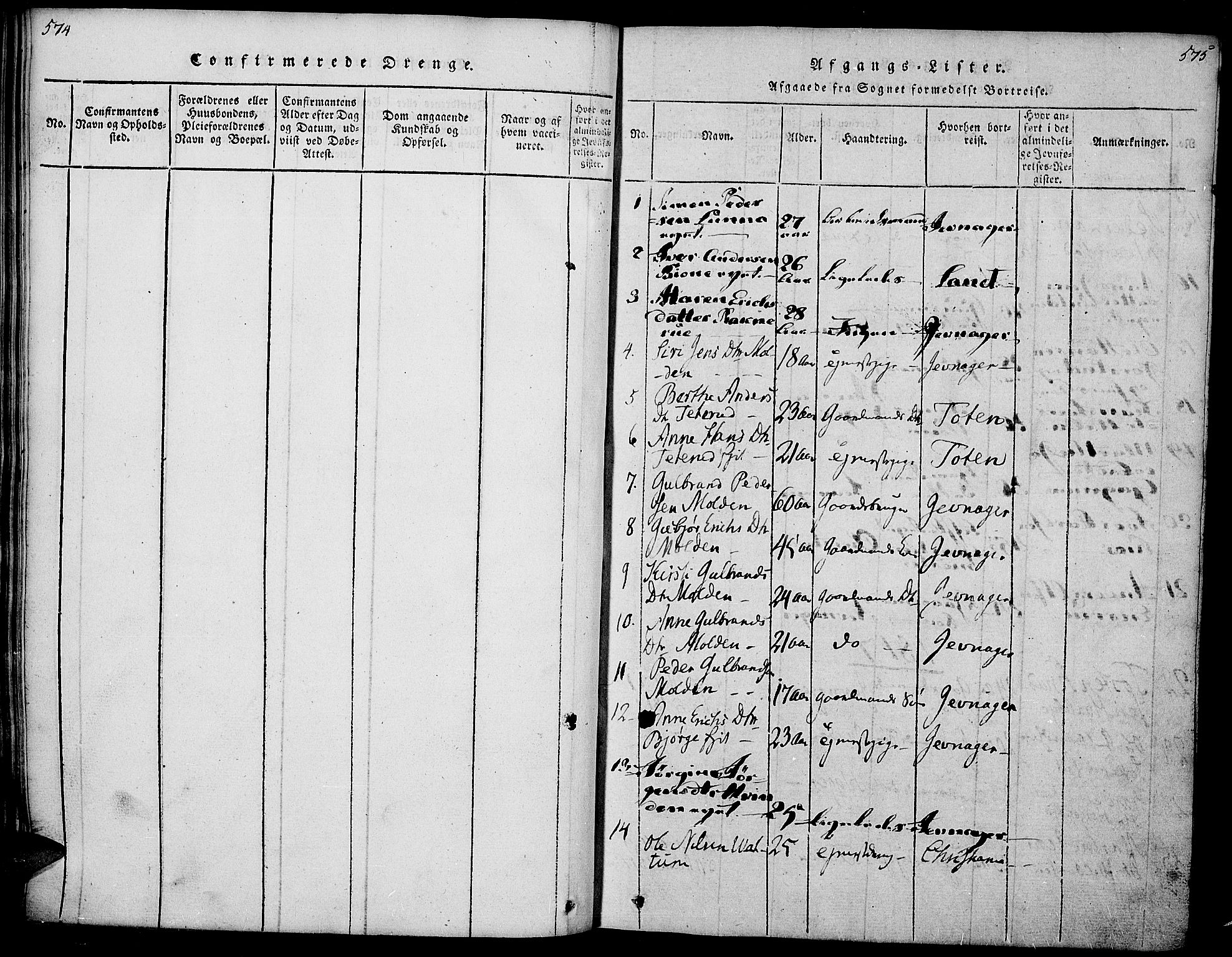 Gran prestekontor, SAH/PREST-112/H/Ha/Haa/L0009: Parish register (official) no. 9, 1815-1824, p. 574-575