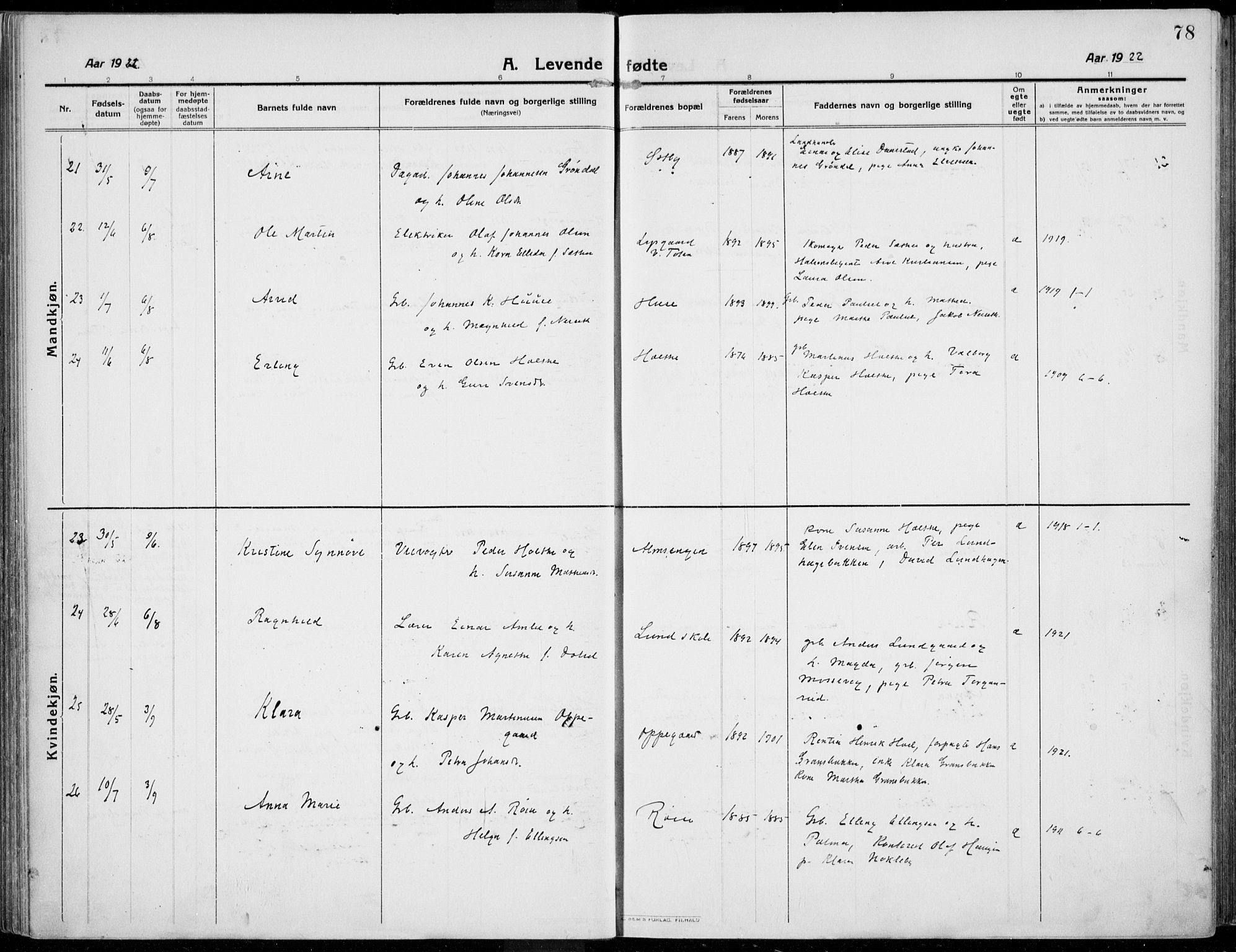 Kolbu prestekontor, AV/SAH-PREST-110/H/Ha/Haa/L0002: Parish register (official) no. 2, 1912-1926, p. 78