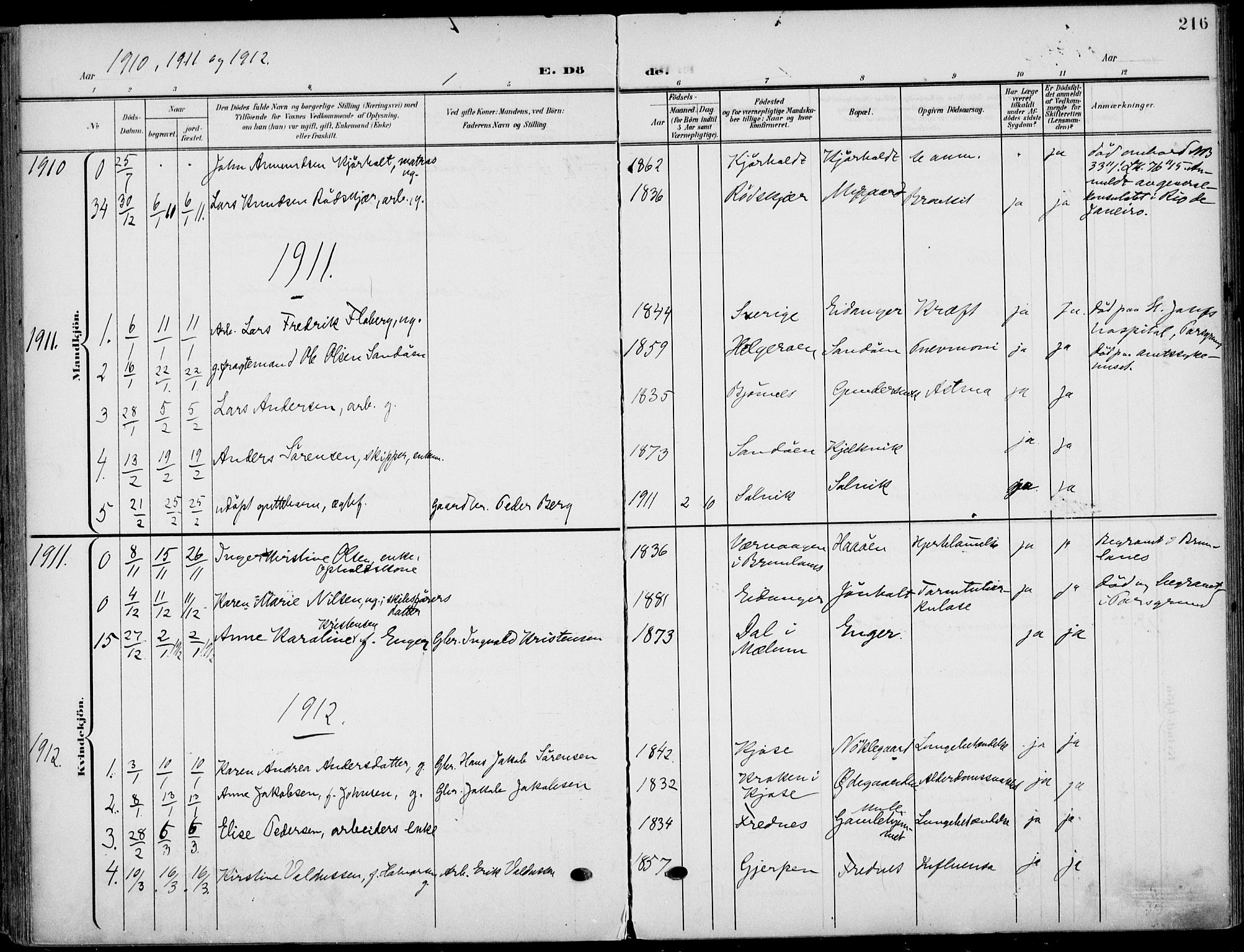 Eidanger kirkebøker, SAKO/A-261/F/Fa/L0013: Parish register (official) no. 13, 1900-1913, p. 216