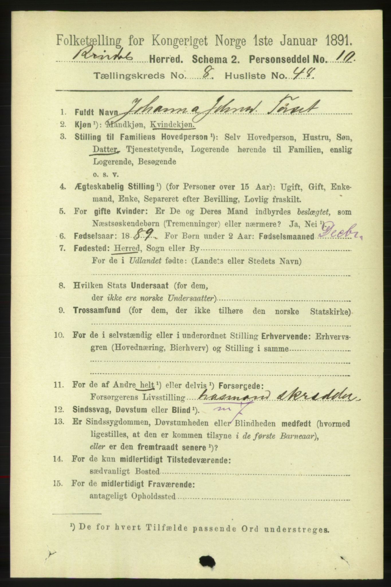 RA, 1891 census for 1567 Rindal, 1891, p. 2813