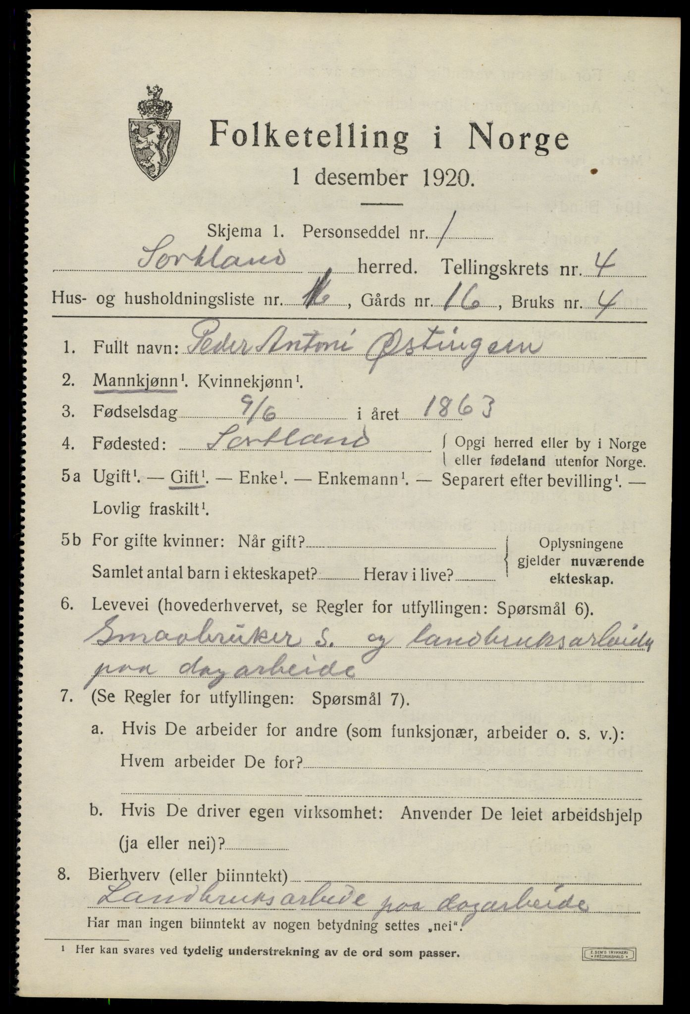 SAT, 1920 census for Sortland, 1920, p. 4826