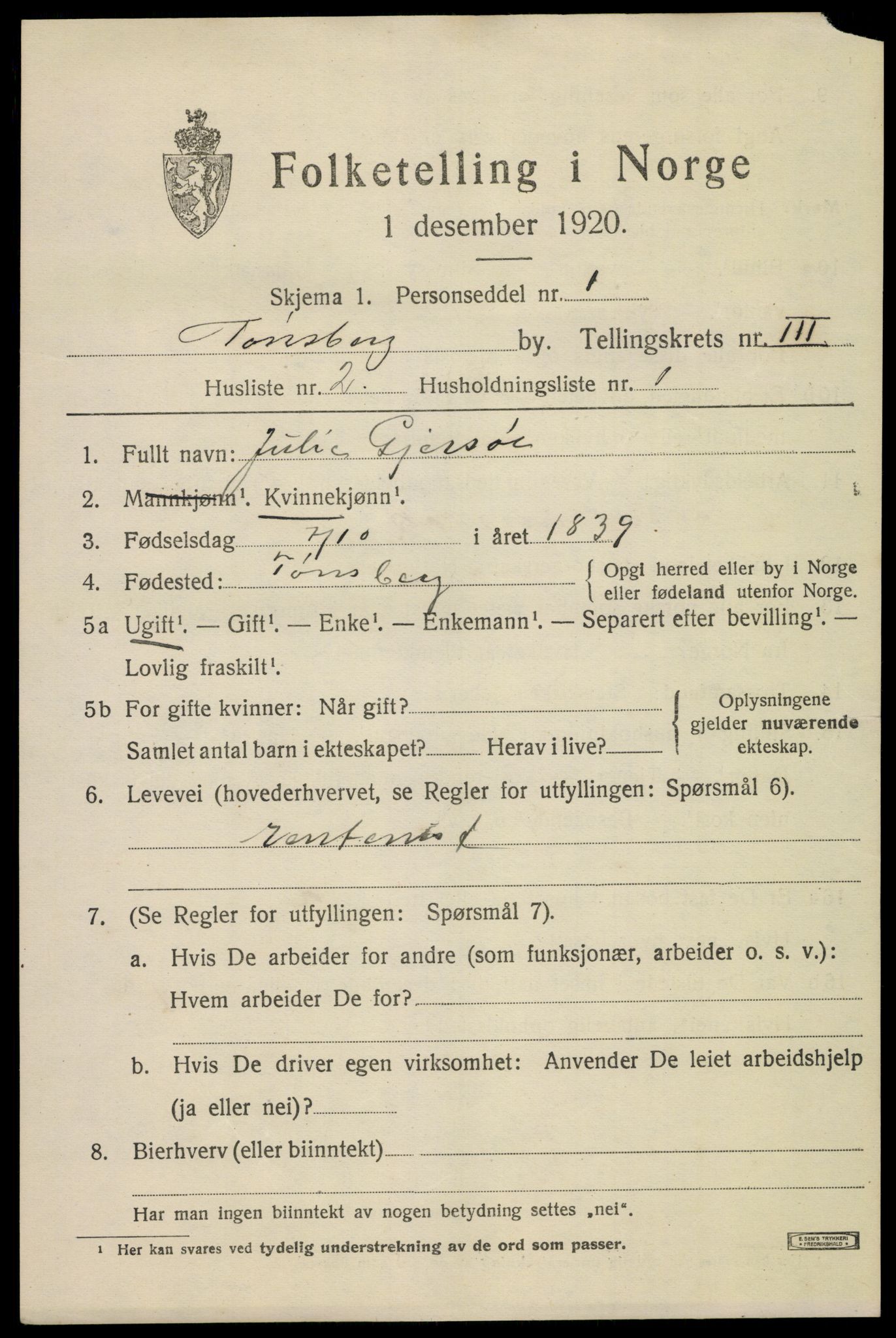 SAKO, 1920 census for Tønsberg, 1920, p. 10891