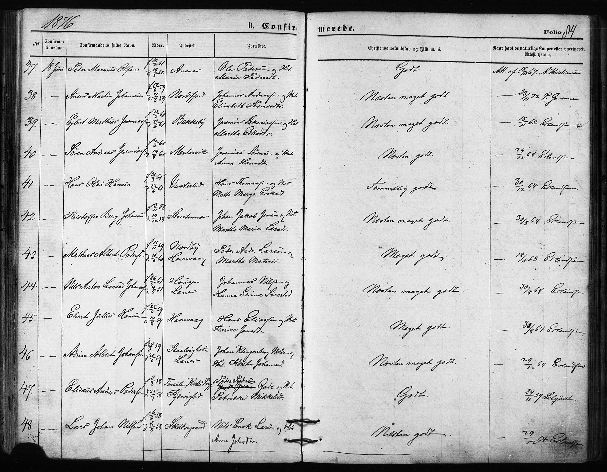 Balsfjord sokneprestembete, AV/SATØ-S-1303/G/Ga/L0002kirke: Parish register (official) no. 2, 1871-1886, p. 84