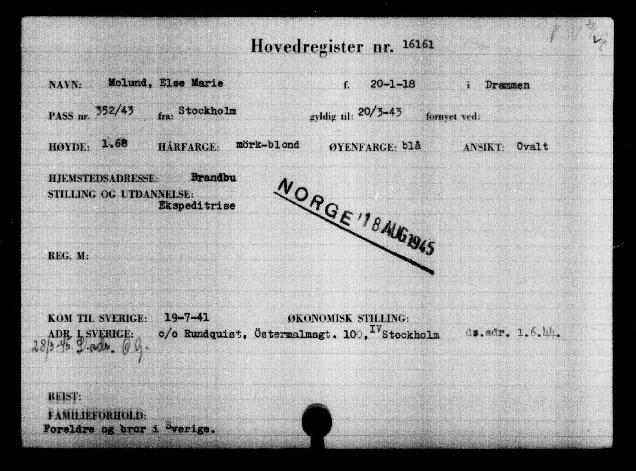 Utenriksstasjonene, Legasjonen i Stockholm, Flyktningkontoret, AV/RA-S-6753/V/Va/L0008: Kjesäterkartoteket, flyktninger med registreringsnr. 15700-18547, 1940-1945, p. 500