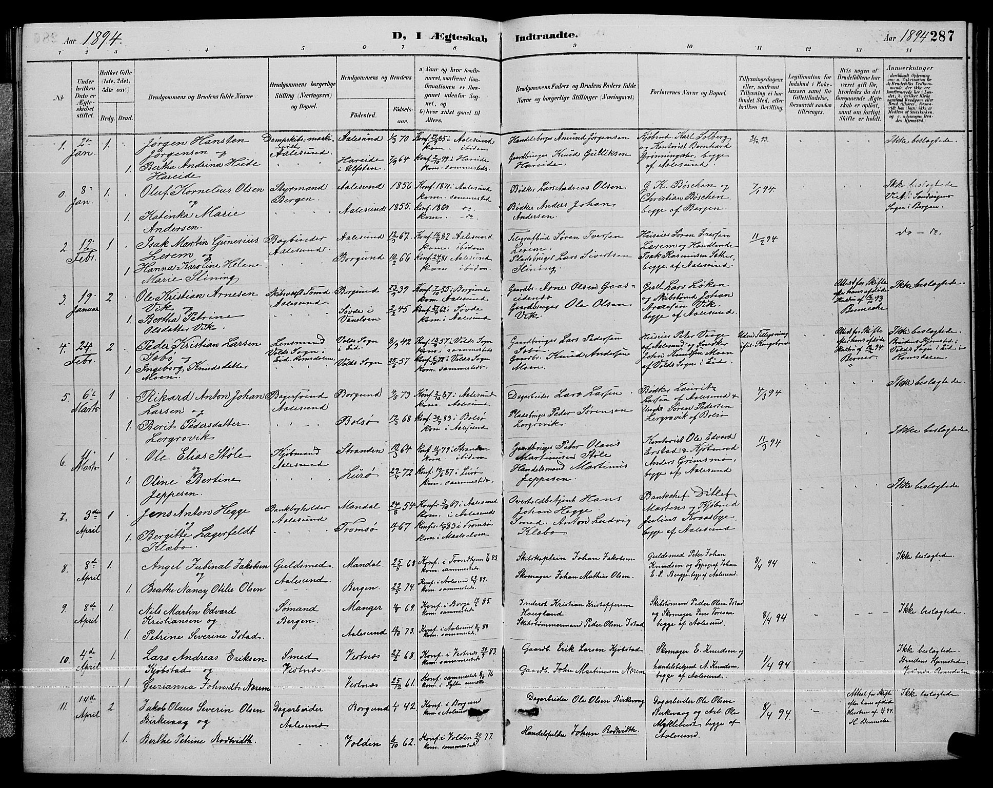 Ministerialprotokoller, klokkerbøker og fødselsregistre - Møre og Romsdal, SAT/A-1454/529/L0467: Parish register (copy) no. 529C04, 1889-1897, p. 287