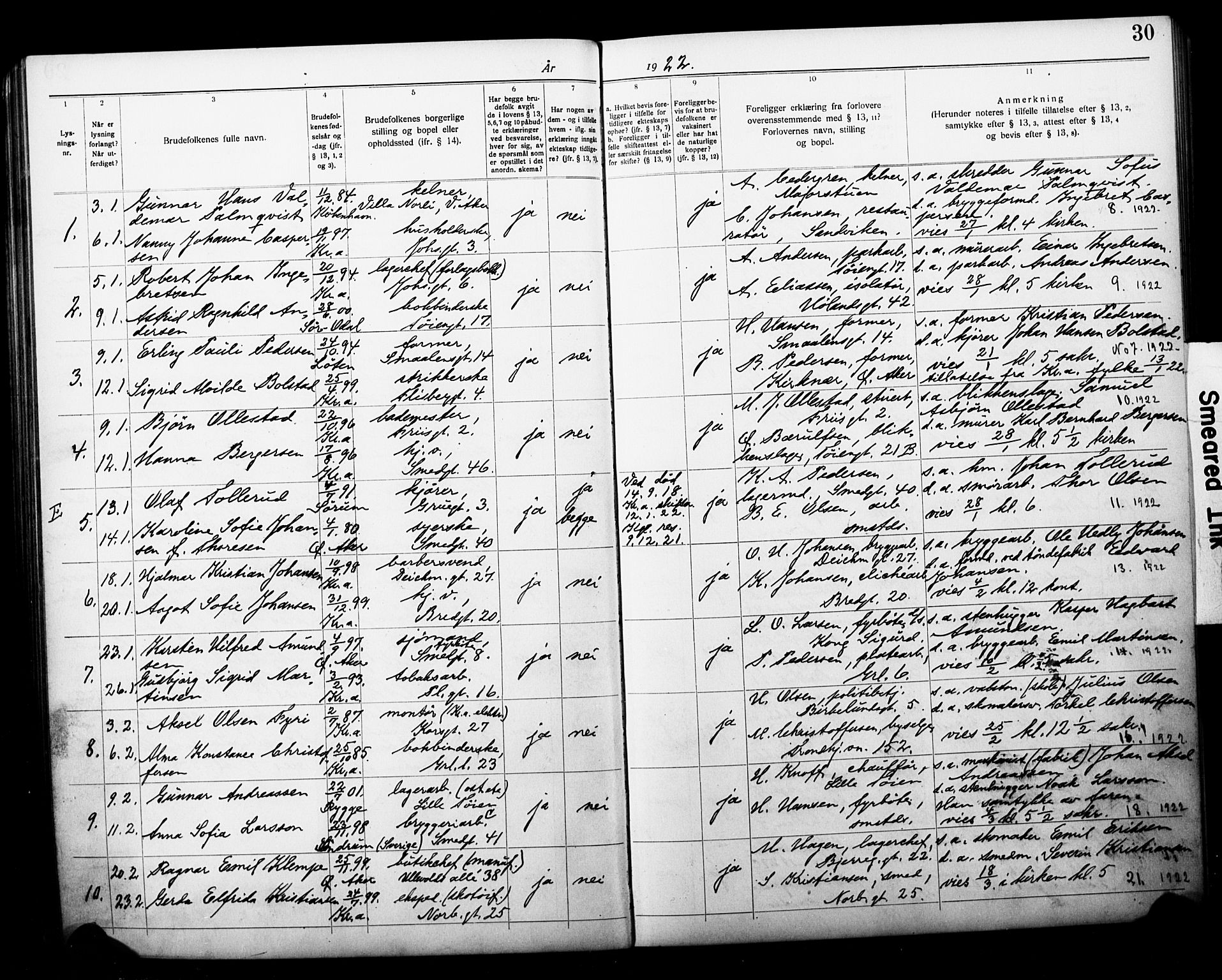 Grønland prestekontor Kirkebøker, AV/SAO-A-10848/H/Ha/L0002: Banns register no. 2, 1919-1929, p. 30