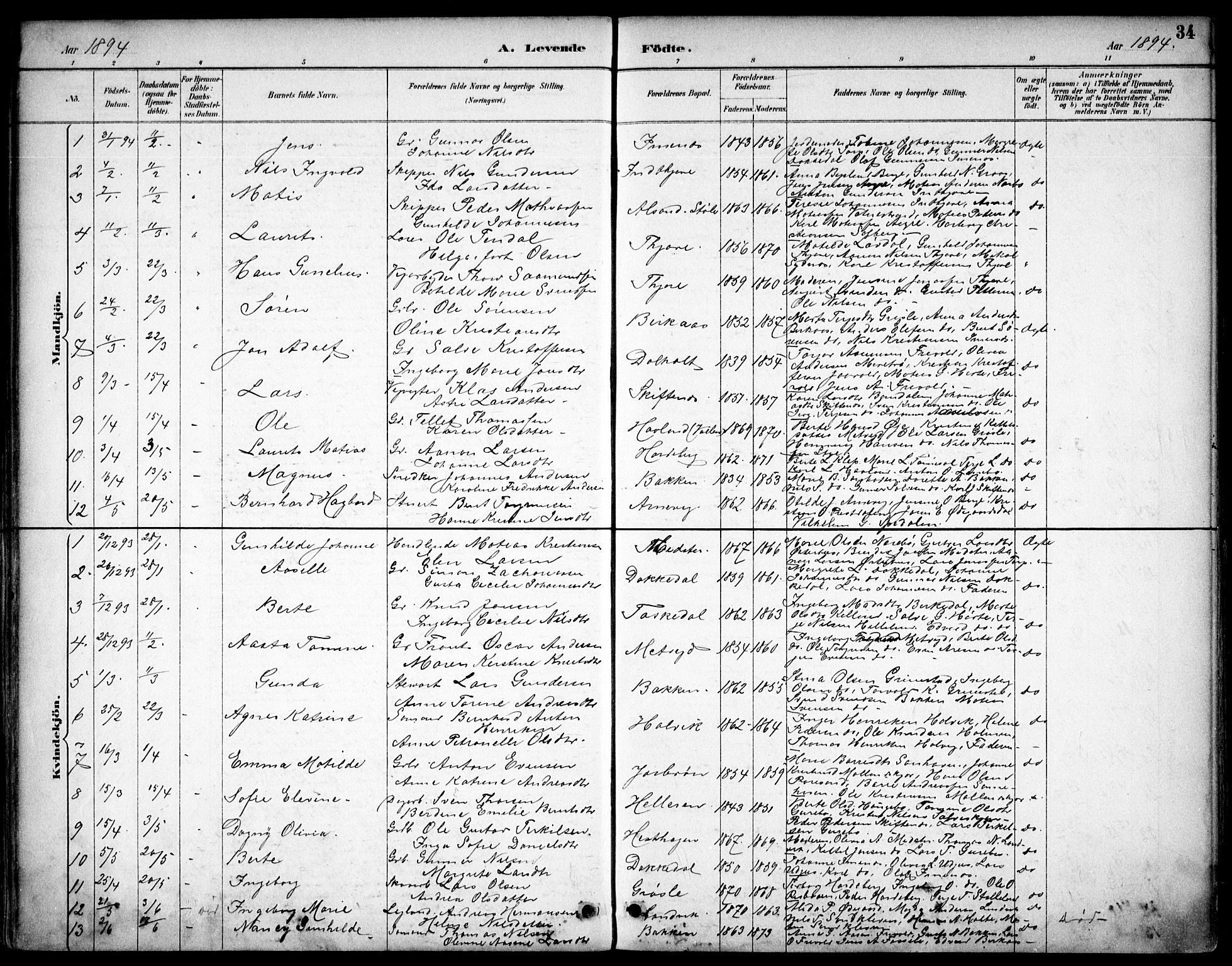 Hommedal sokneprestkontor, AV/SAK-1111-0023/F/Fb/Fbb/L0007: Parish register (copy) no. B 7, 1885-1904, p. 34